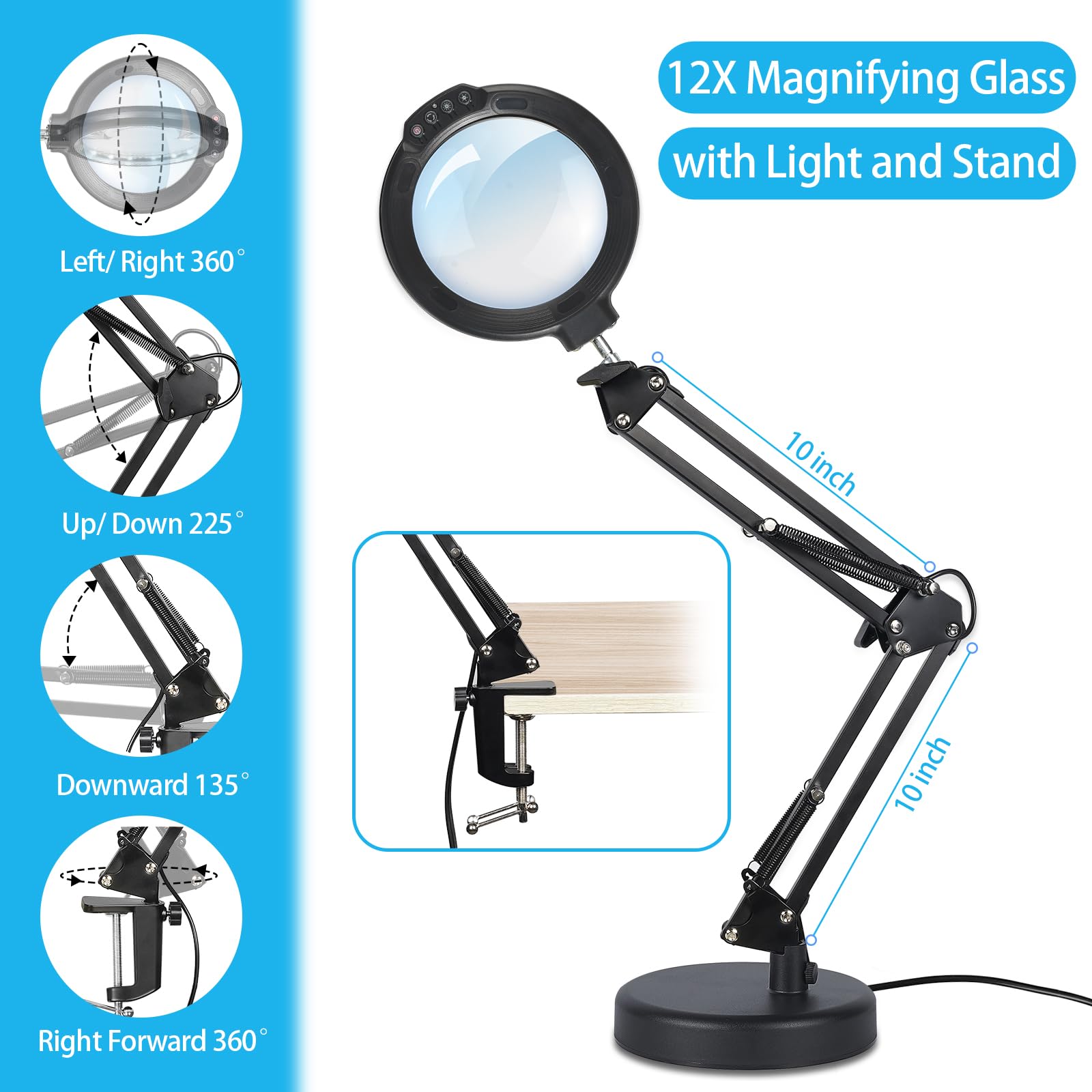 12X Lupa grande con luz y soporte, lámpara de escritorio iluminada con 5 modos de color 10 brillo regulable, lupa con luz manos libres con abrazadera para leer reparación cerrar trabajo