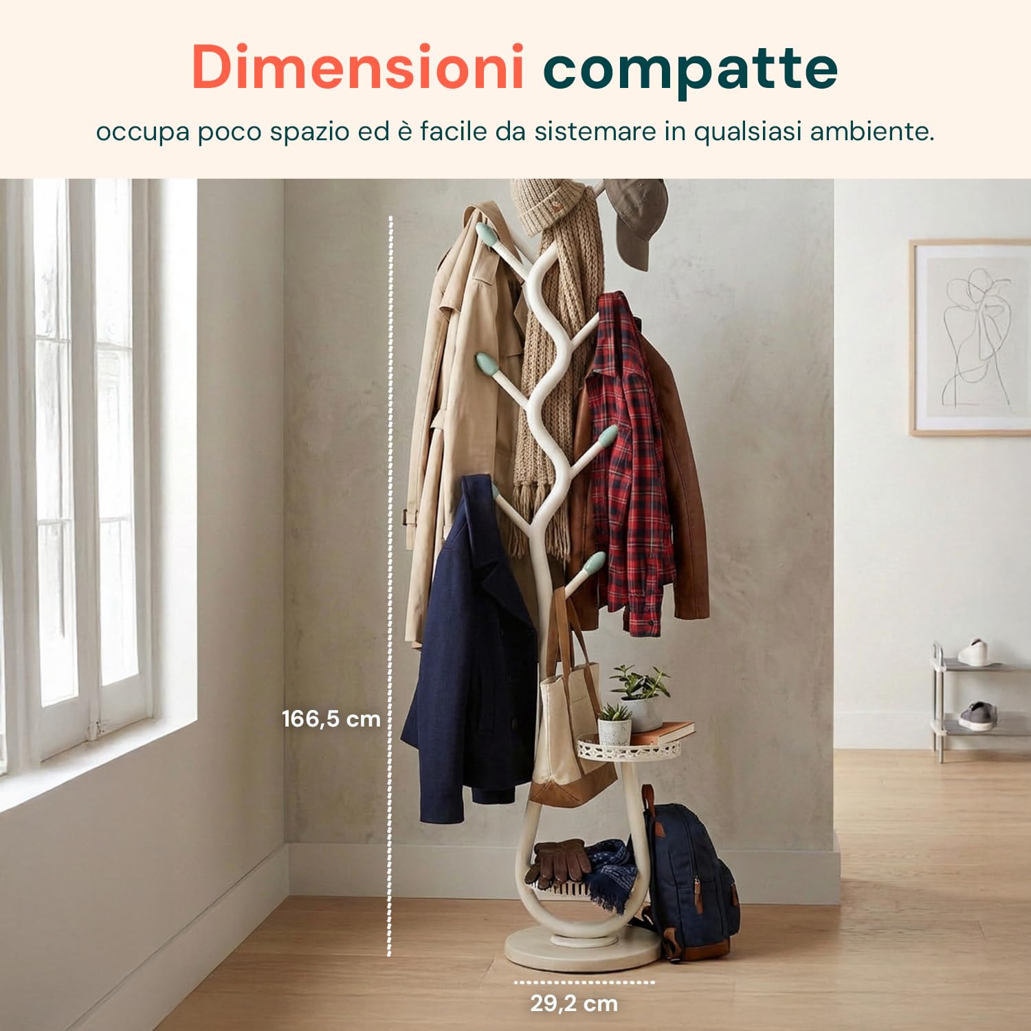 Avilia - Appendiabiti in Metallo Bianco a Piantana - Stand con 2 Vassoi Svuotatasche Integrati - Attaccapanni Salvaspazio ad Alta Portata per Ingresso e Camera - H 166,5 cm