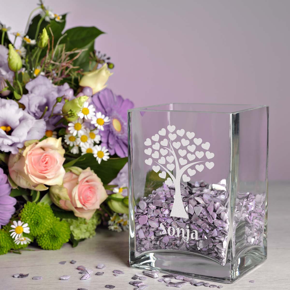 Vasetto In Vetro Con Incisione Personalizzata – Motivo Albero Con Corona A Cuori, Regalo Unico 100x140 Mm