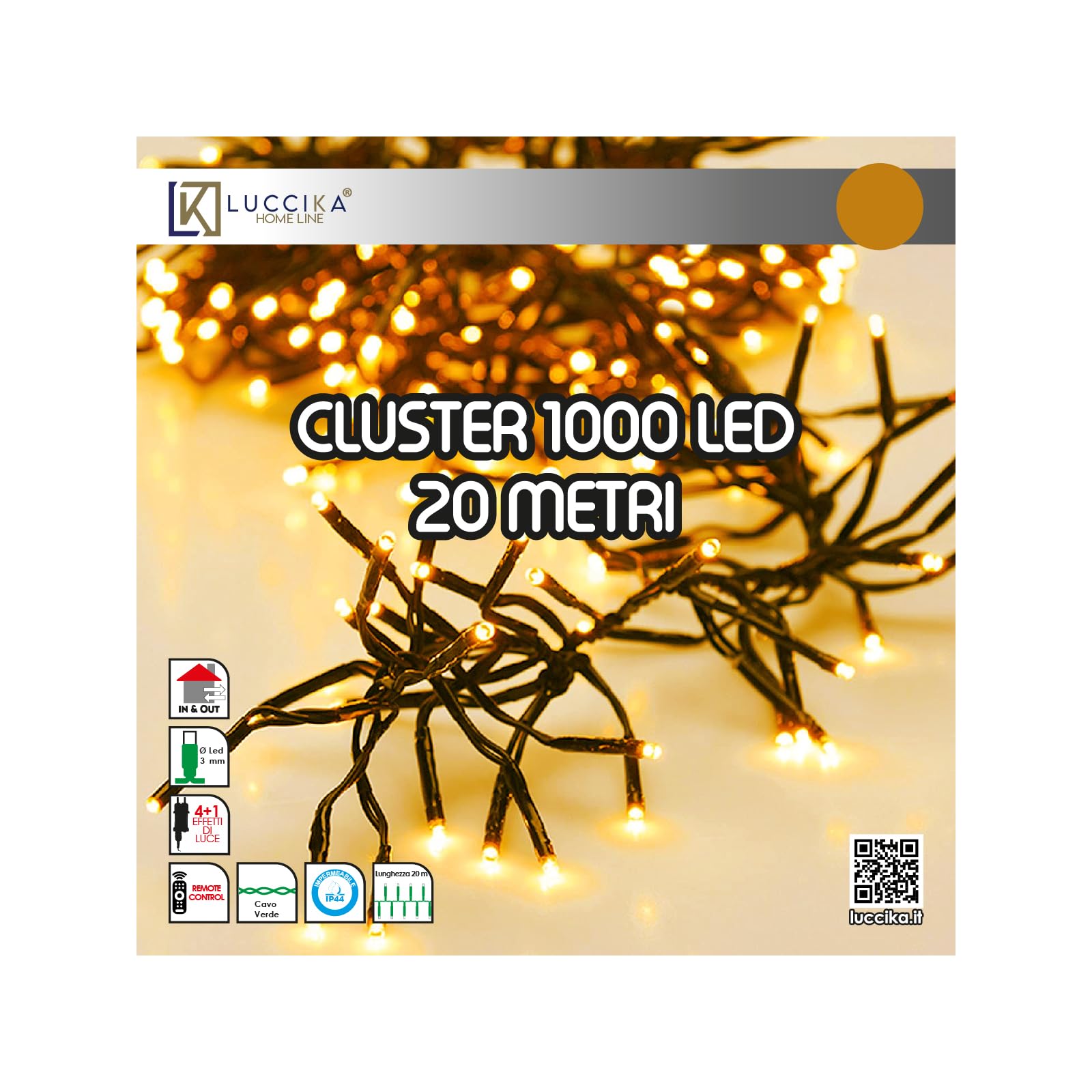 Luccika, Cluster-Lichterkette, Gold, 20 Meter, 1000 LEDs, Ø 3 mm, Lichterkette für Weihnachtsbaum, 4 Lichteffekte, Fernbedienung, Timer, grünes Kabel IP44, Verwendung im Innen- und Außenbereich