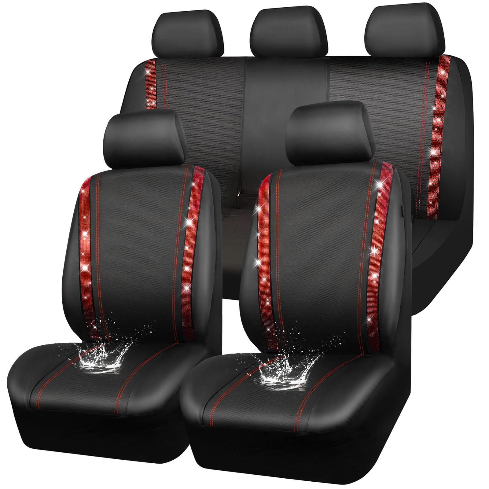 CAR Pass Bling Car Seat Covers Full Set, Shining Rhinestone Diamond Waterproof Faux Leather, Rear with Zipper, Universal Fit Automotive Glitter Crystal Sparkle Strips for Women Girl, Black Red