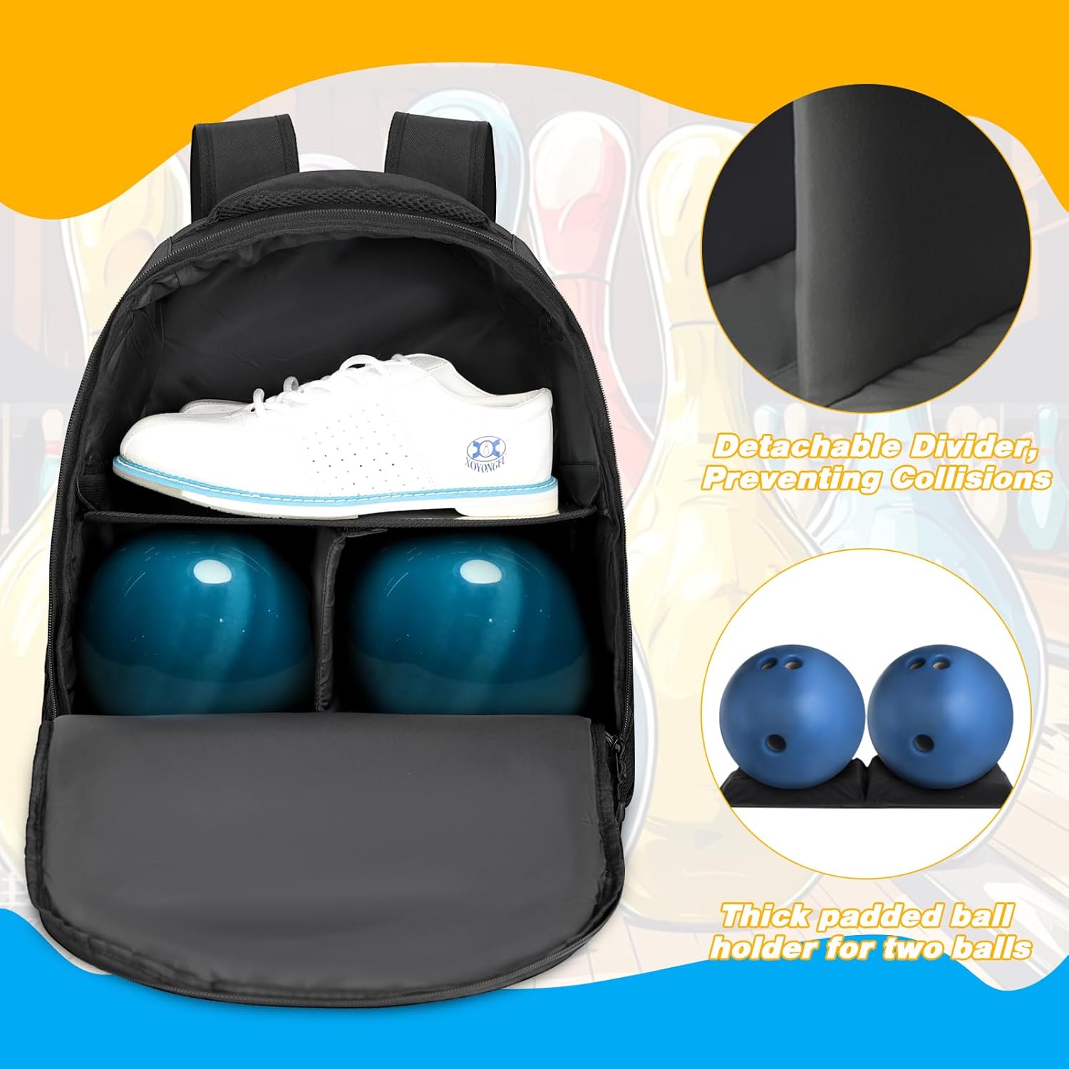 Goloni 2 Ball Bowling Backpack,Bowling Ball Bag with Shoe Compartment & Portective Foam Padded, Fits Shoes Up to US Size 16
