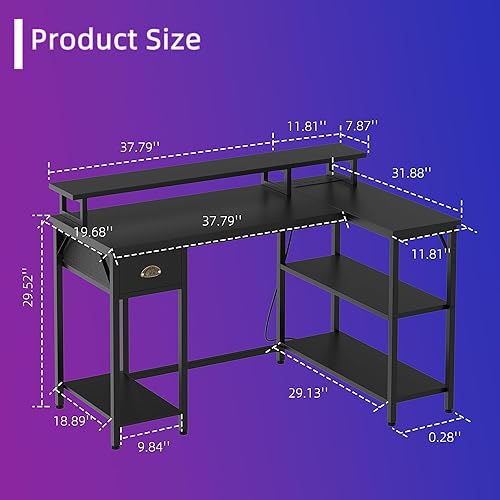 Miniatura 3 de Shintenchi Escritorio para computadora en forma de L de 50 pulgadas con estantes y cajón de almacenamiento de 3 niveles, escritorio reversible para
