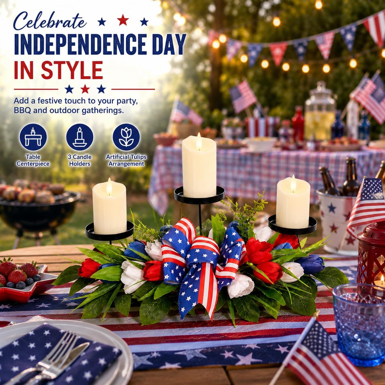 Candle Holders Spring Summer Floral Centerpieces for Tables 3 Wick Candle Holder with Artificial Tulips and Patriotic Bow 4th of July Decorations Independence Day Decor Home Decor Desktop Decor
