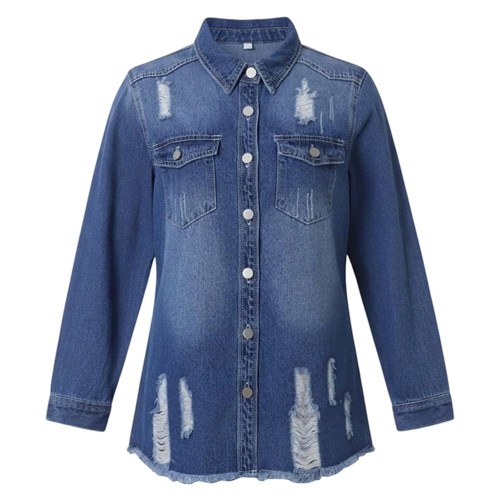 Damen lange, gewaschene Jeansjacke als lässiger, offener Langarmmantel, klassischer Denim-Look für Alltag und kühle Sommerabende