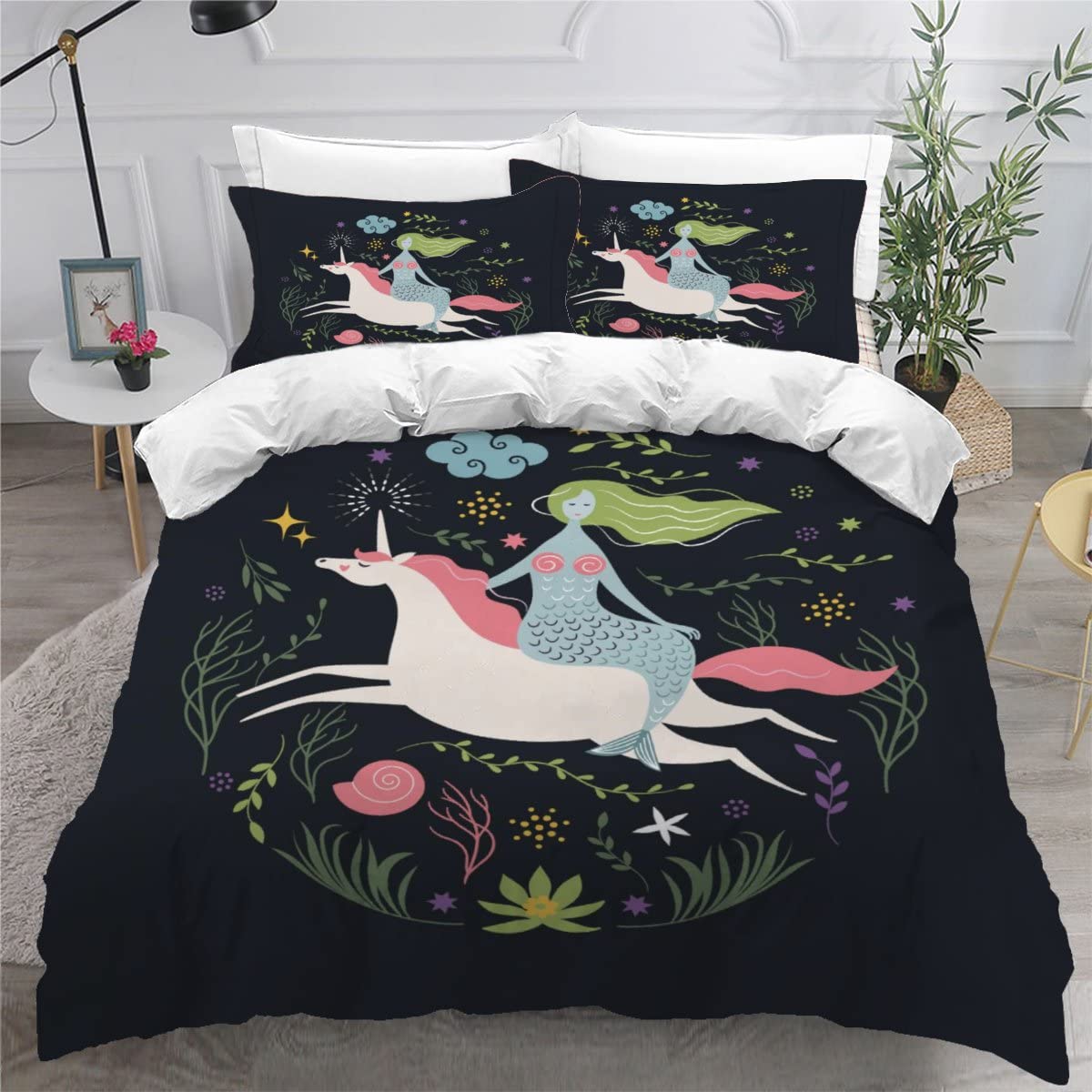 Housse de couette 200x200 sirène en microfibre anti-glisse avec fermeture éclair facile