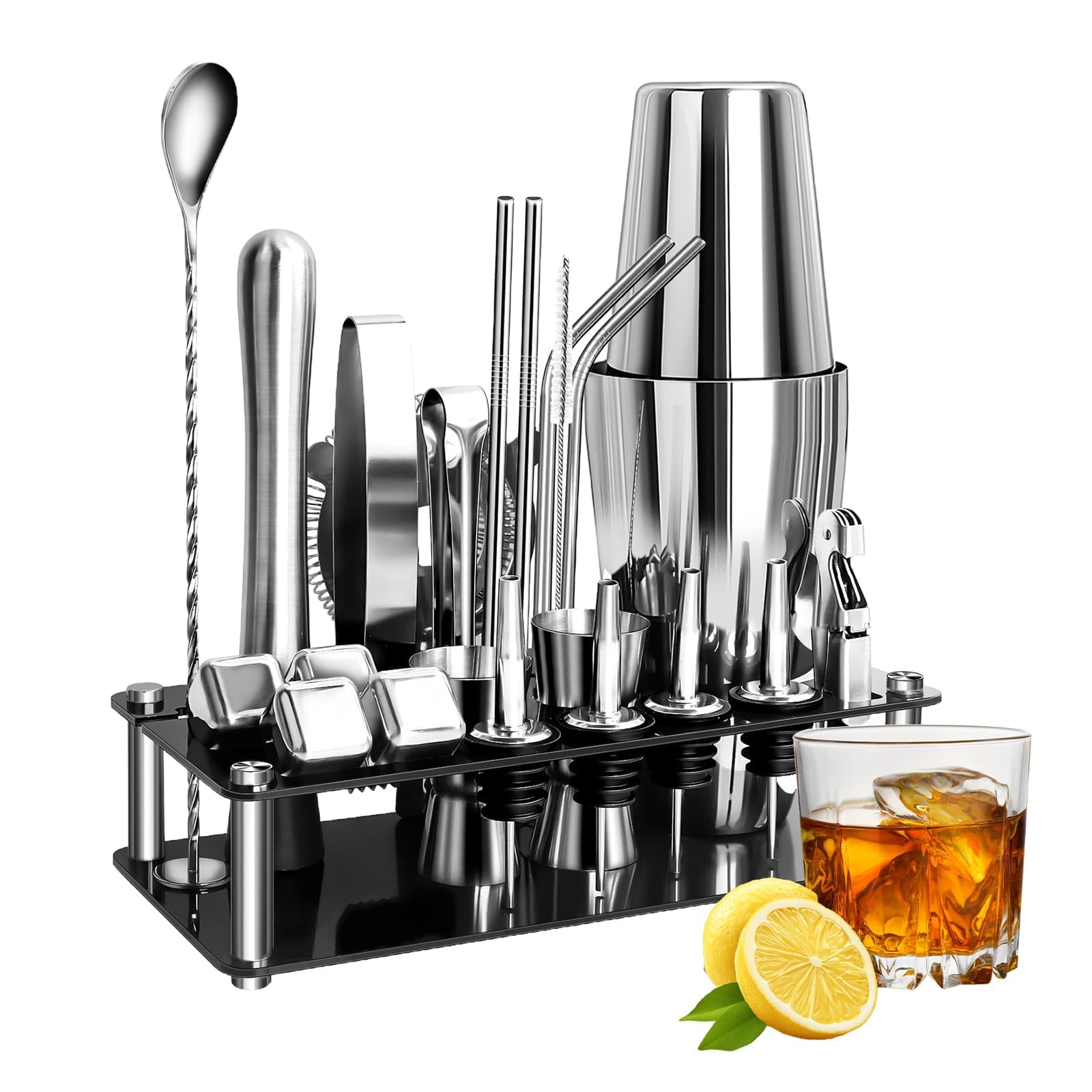 25 PCS Cocktail Shakers Set, Stainless Steel Cocktail Making Kit with 750ml Boston Shaker, Strainer, Jigger, Mixing Spoon, Tongs, Bottle Stoppers, Opener and Cookbook, Perfect for Drink Mixing, Home,