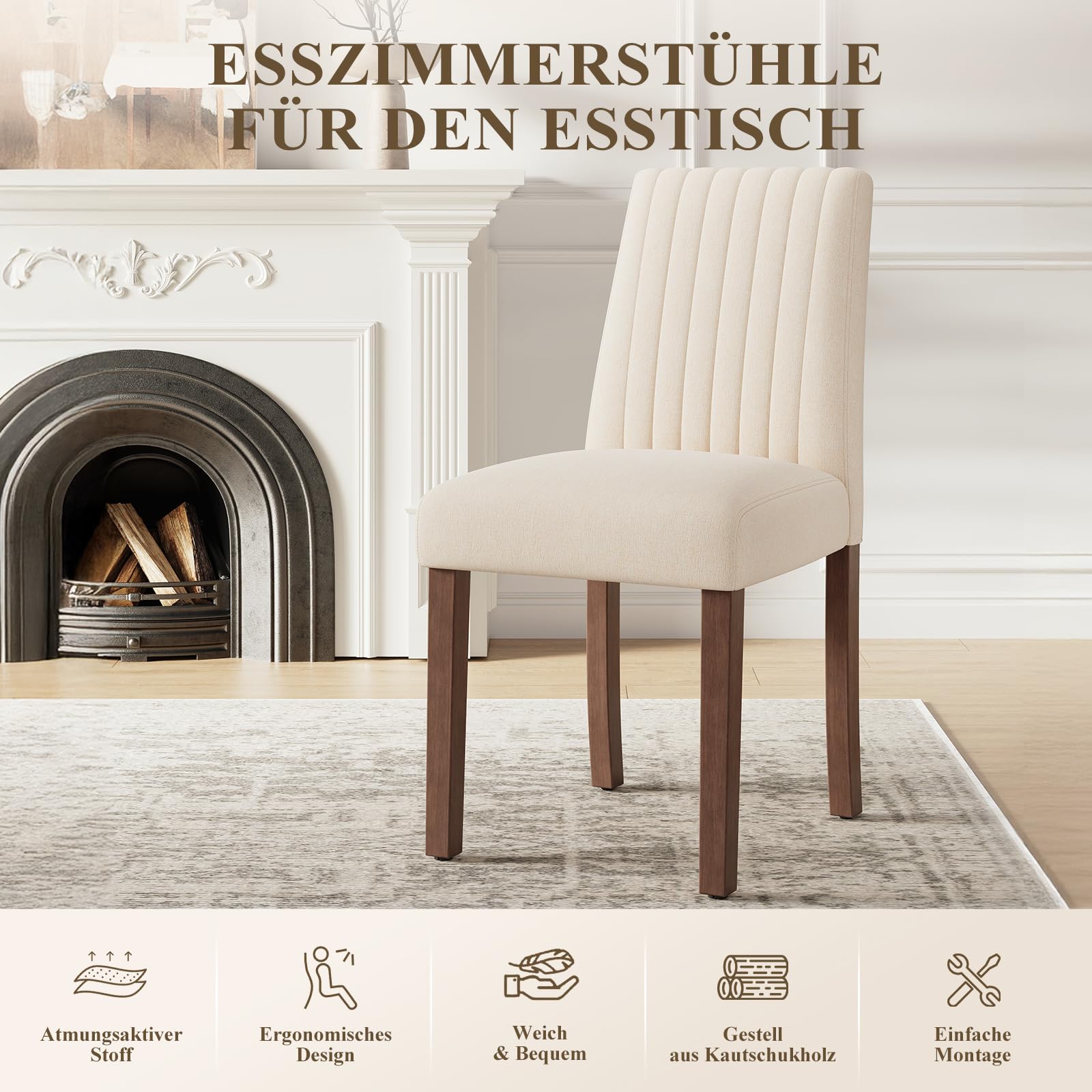 COLAMY Esszimmerstühle 2er Set, Polsternder Stühle Esszimmer mit Rückenlehne, Küchenstühle Gepolstert, Stoff Dining Chairs Holzbeinen für Esszimmer, Küche, Restaurant, Beige