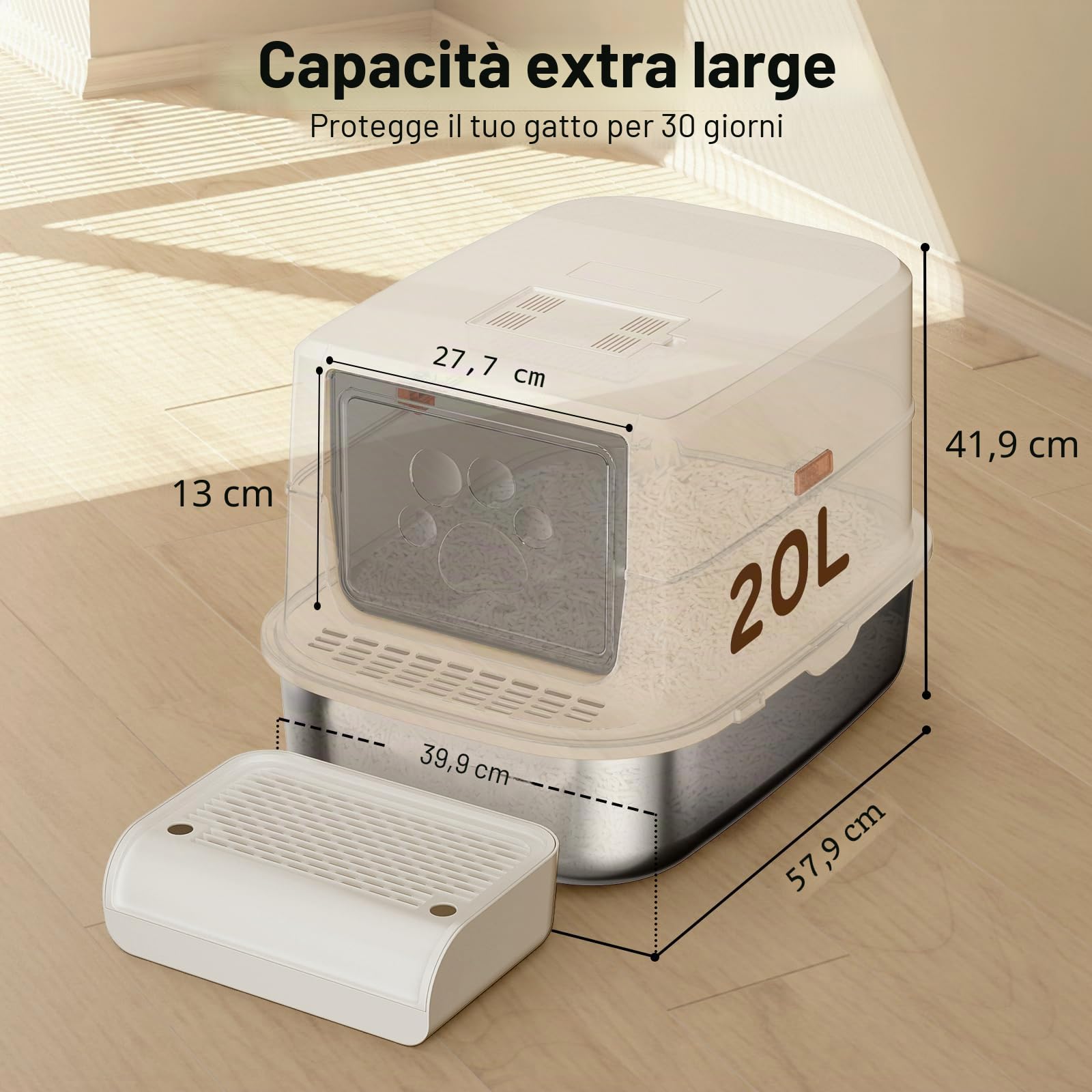 iPettie S01 - Lettiera grande in acciaio inox da 20 l, con filtro a carbone a prova di odore, con paletta per lettiera, facile da pulire, in metallo con coperchio