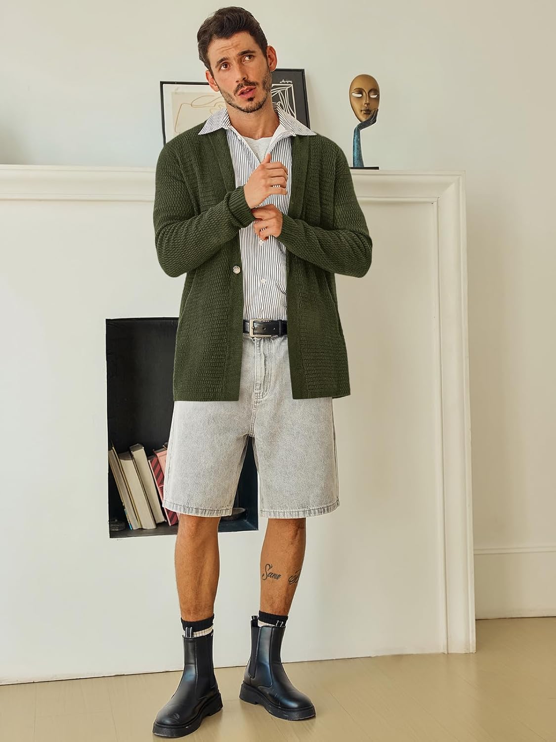 Runcati Mens Cardigan Sweater Shawl Collar Cable Knit Cardiagn Long Winter Open Front Sweaters with Pockets - Image 6