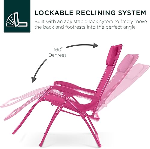 Miniatura 4 de Best Choice Products Silla de gravedad cero de gran tamaño, plegable para patio al aire libre con bandeja de accesorios para portavasos y almohada,
