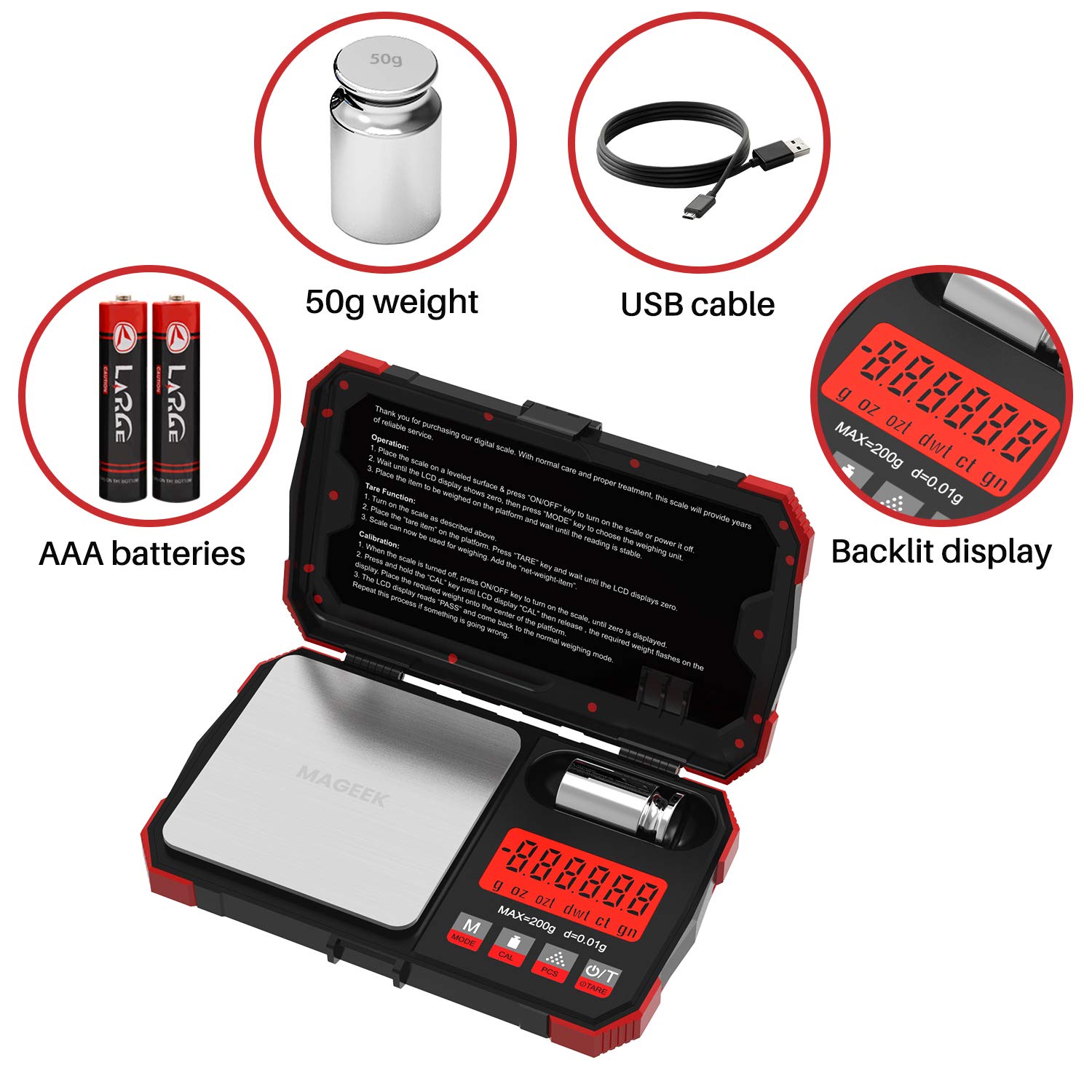 Gram Scale with USB Charging Port, Maxus Digital Pocket Scale 200g x 0