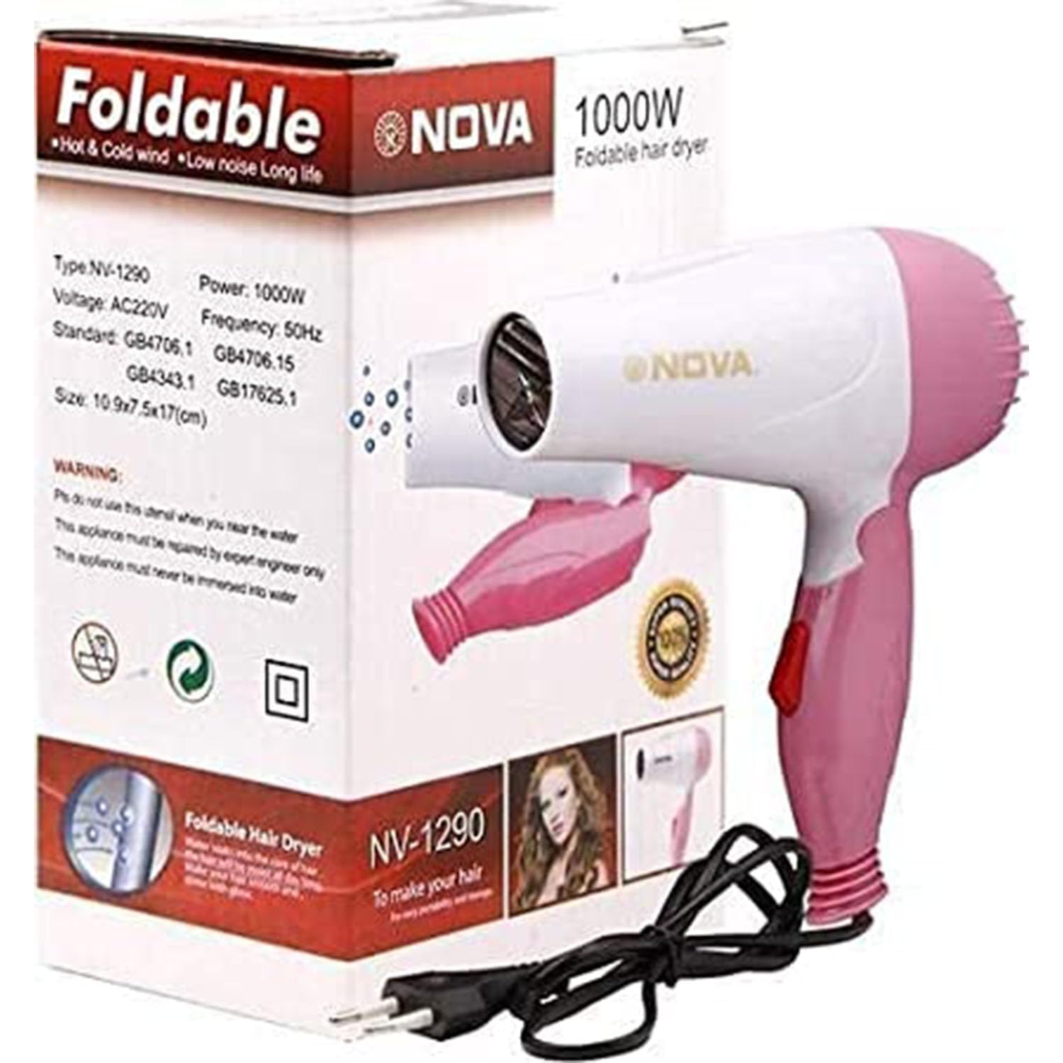 VRUKSH ENTERPRISES Nova Nv-1290 1000 Watts Foldable Hair Dryer, 2 Speed Settings, Multicolour