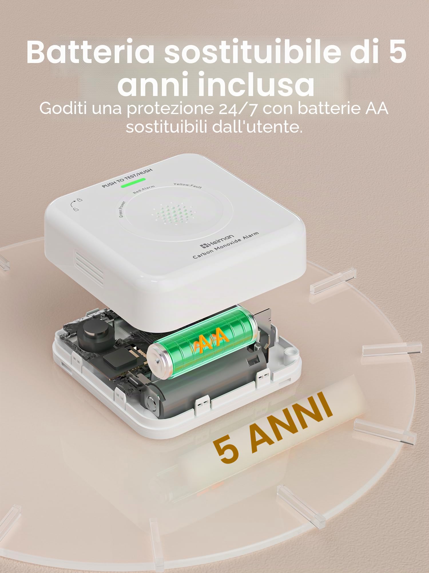 Heiman Rilevatore di monossido di carbonio intelligente Matter (Hub richiesto) - Rilevatore CO per SmartThings & Home Assistant, certificato nel 50291, batterie sostituibili, sensore 10 anni, 85dB