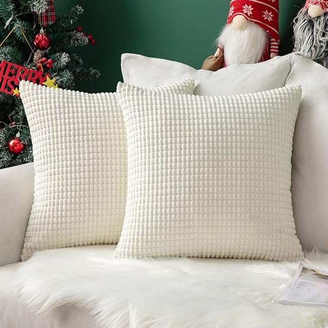 MIULEE Set of 2 Christmas Cushion Covers Decorative Corduroy 12x12 Inches, 30cm x 30cm Striped Solid Square Throw Pillow Cases for Sofa Couch Home Bedroom Cream