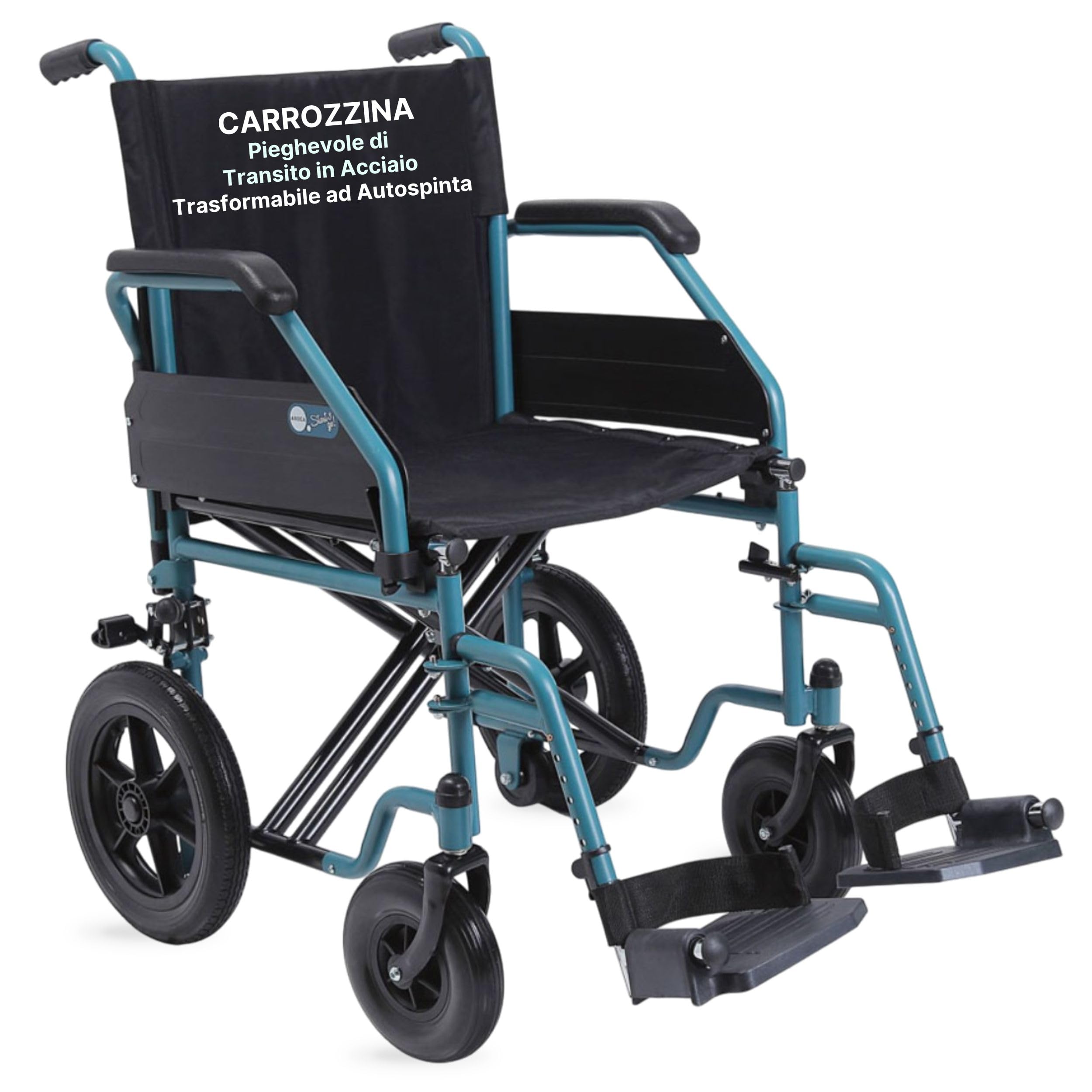 Sedia a Rotelle Pieghevole Leggera da Transito, 43 cm, Azzurra | Carrozzina per Disabili Predisposta per Autospinta, Acciaio, Crociera Doppia, Ruote a Sgancio Rapido