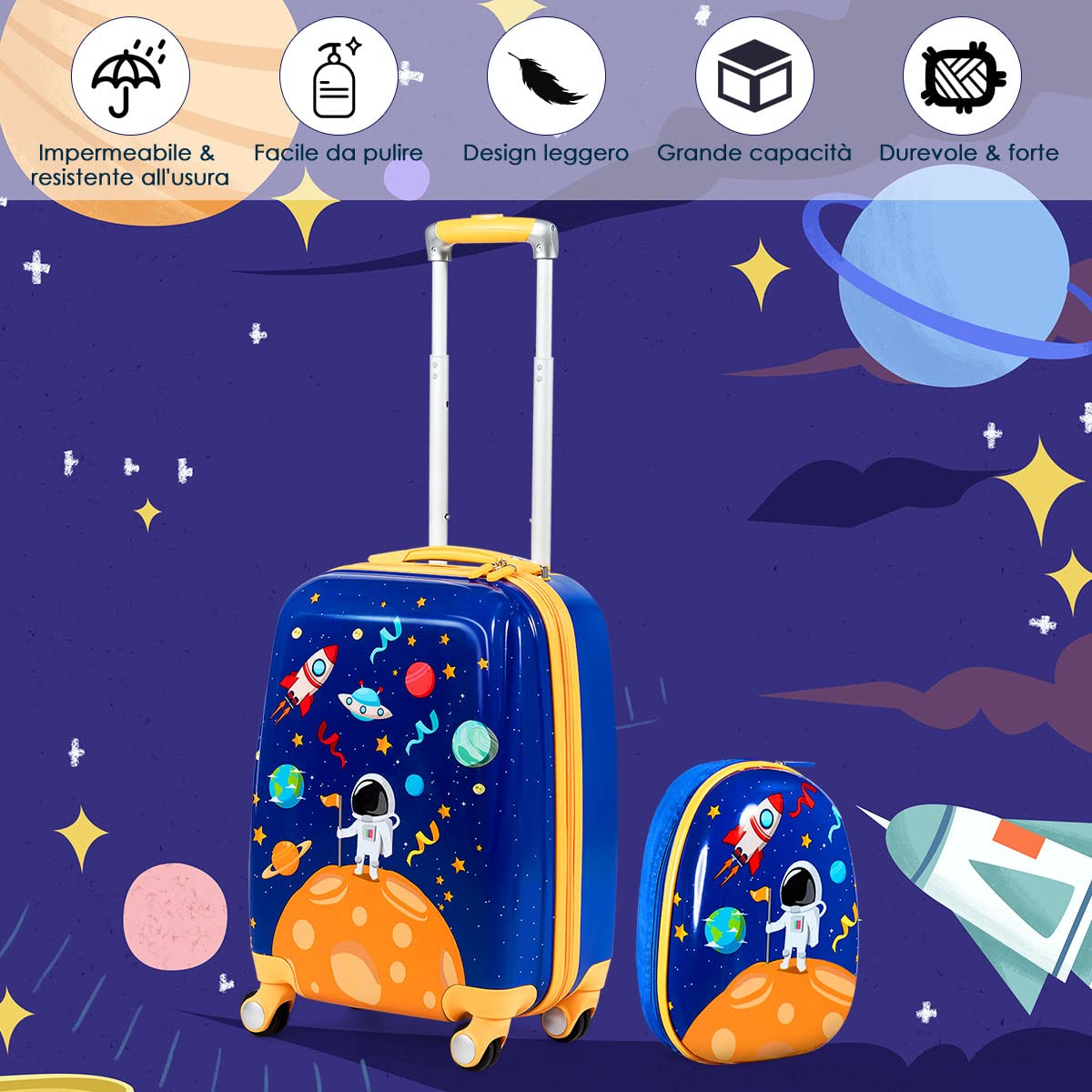 RELAX4LIFE Set Valigia Bambini 2 in 1 Astronauta Spazio Blu Royal Giallo (Trolley18 + Zaino 12") con Ruote 360°, Maniglia Regolabile, Zaino con Piedini | ABS Resistente |Ideale per Viaggi e Scuola