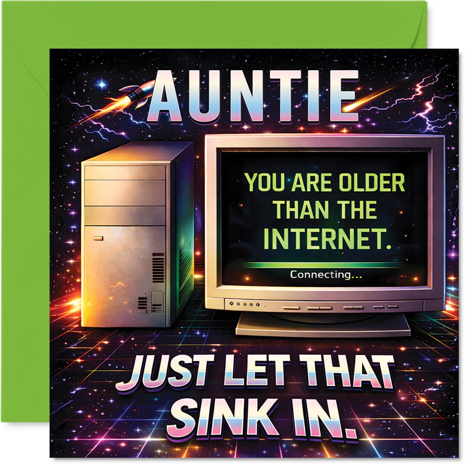 Funny Birthday Card for Auntie - Proper Giggle for Tech-loving Aunties - Retro Computer Design Pokes Fun at Being Older Than the Internet - 145mm Square, Envelope Included