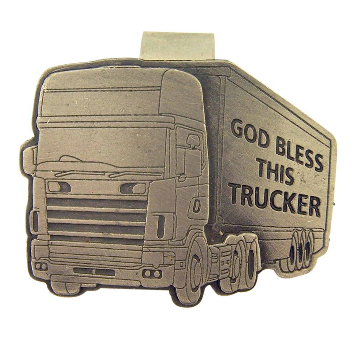 Pewter God Bless This Trucker Big Rig Truck Visor Clip, 2 Inch