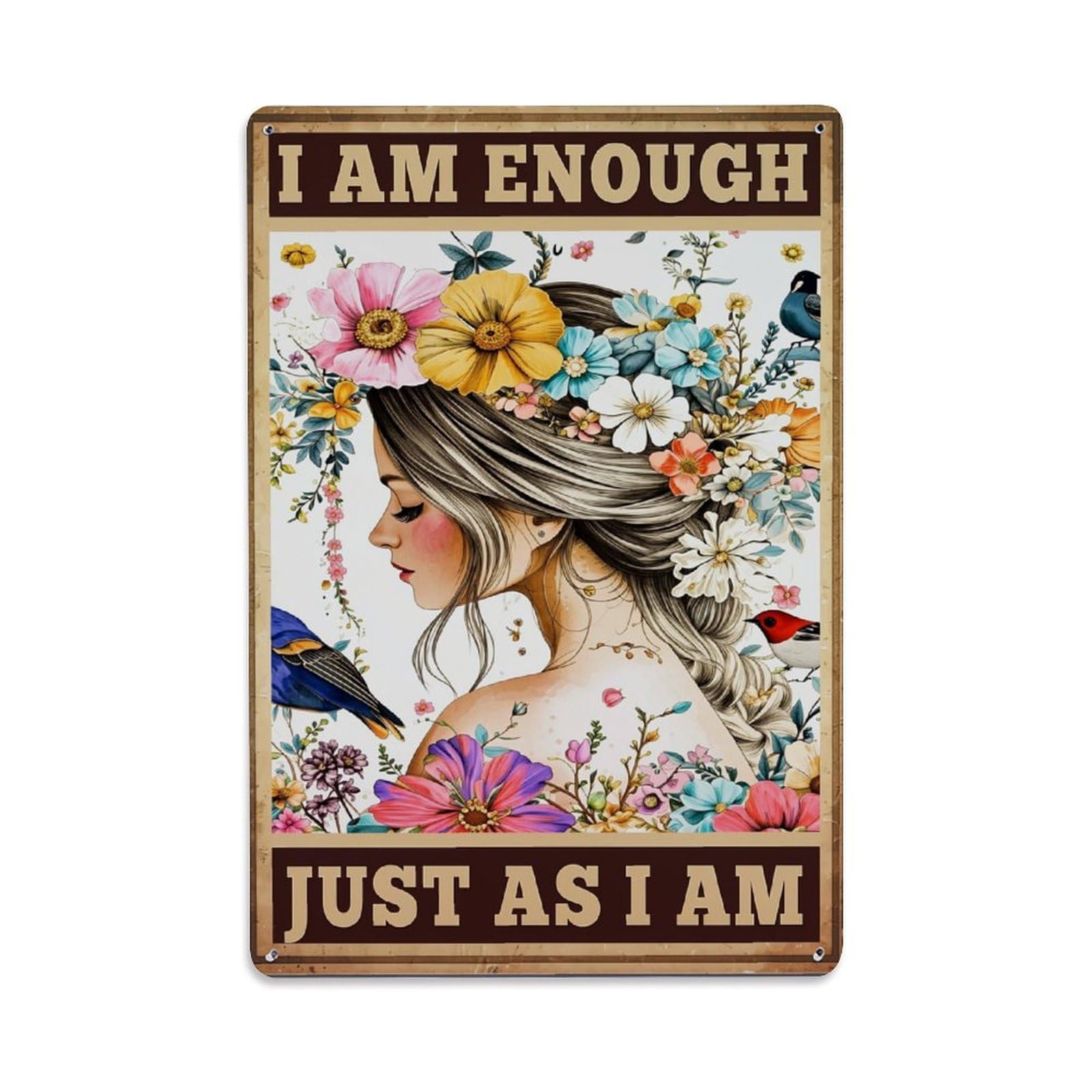 Jdfenggu Vintage Floral Woman With Birds And Flowers Retro Metal Tin Sign, Decor Art Poster For Bar, Home, Man Cave, Kitchen, Laundry Room Gift 8X12inch