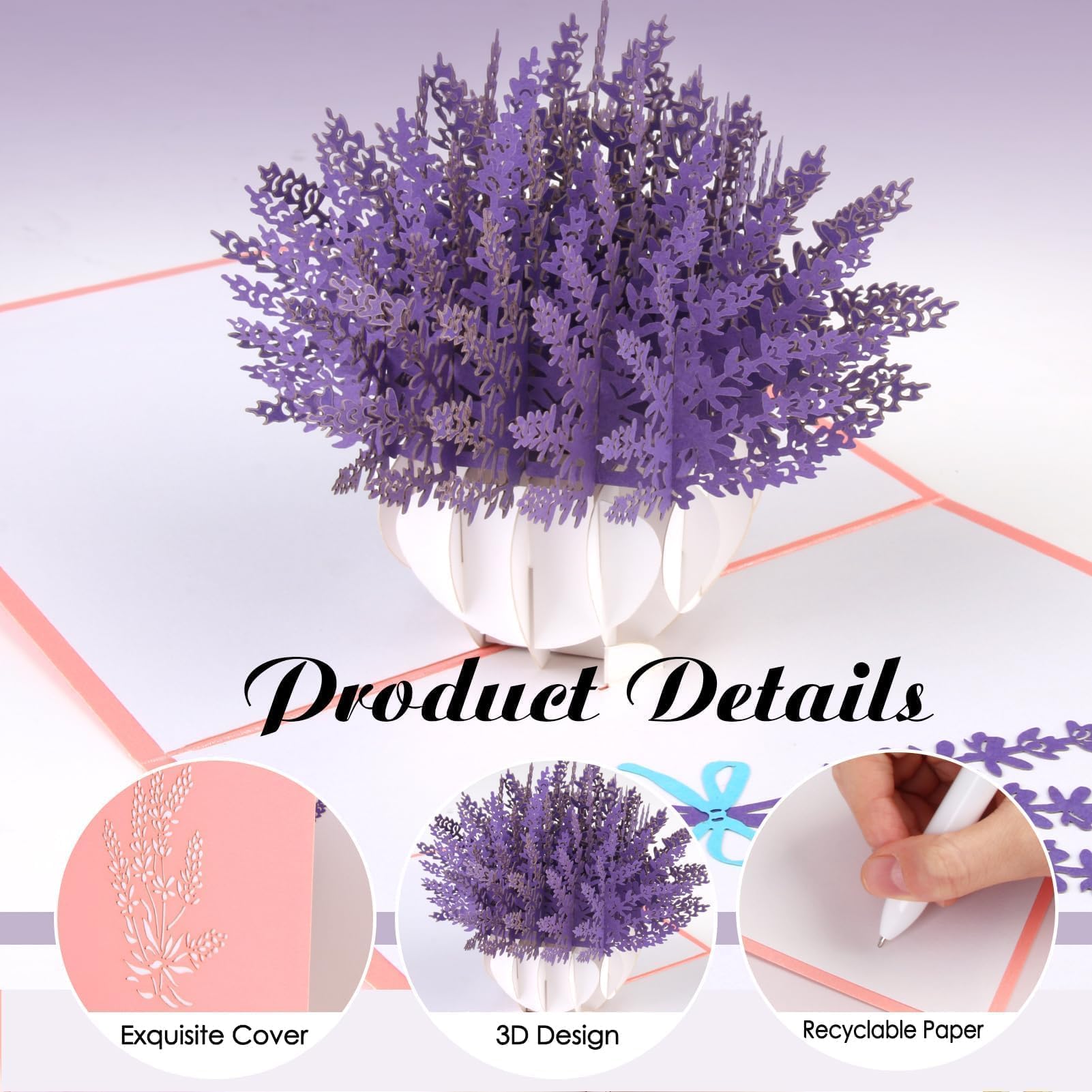 Biglietto di auguri pop-up 3D con lavanda, per festa della mamma, primavera, compleanno, laurea, San Valentino, matrimonio, anniversario, ringraziamento, guarigione, tutte le occasioni, 12,7 cm x 7