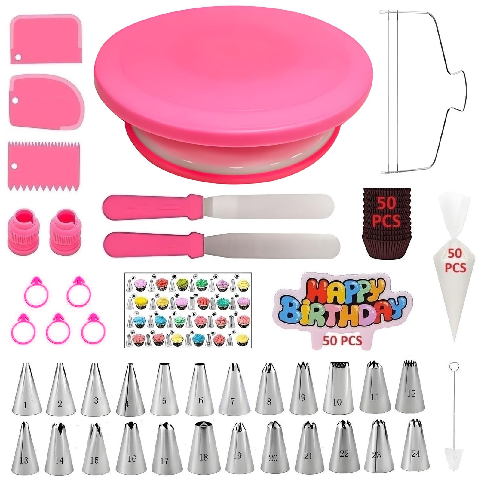 190 Pcs Cake Decorating Kit with Cake Turntable,Cake Leveler,24 Numbered Icing Piping Tips,2 Spatulas,3 Comb Scrapers,2 Couplers,5 Bag Ties,50 Pastry Bags,50 Cupcake Liners,50 Cake Flags