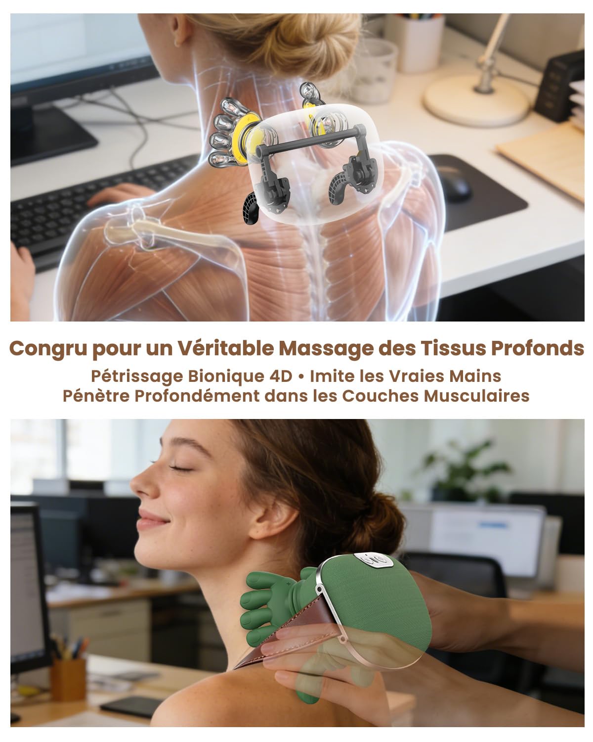 Masseur Cervical, 4D à Main Bionique Massage Cervicales et cou, Grande batterie 4000mAh, Masseur Dos et Cervicales Chauffant & 3 Niveaux d’Intensité, Massage Shiatsu Profond pour Soulager Douleurs