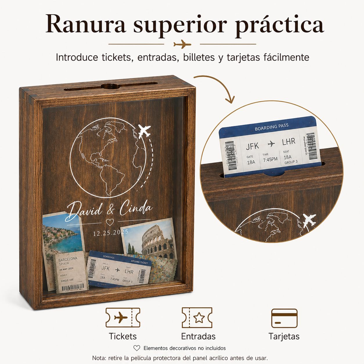 Caja de Recuerdos de Viaje Personalizada, Caja de Fotos Personalizadas con Marco de Madera Maciza y Ranura Superior, para Tickets, Mapas y Postales, Regalo Personalizado para Viajeros y Parejas