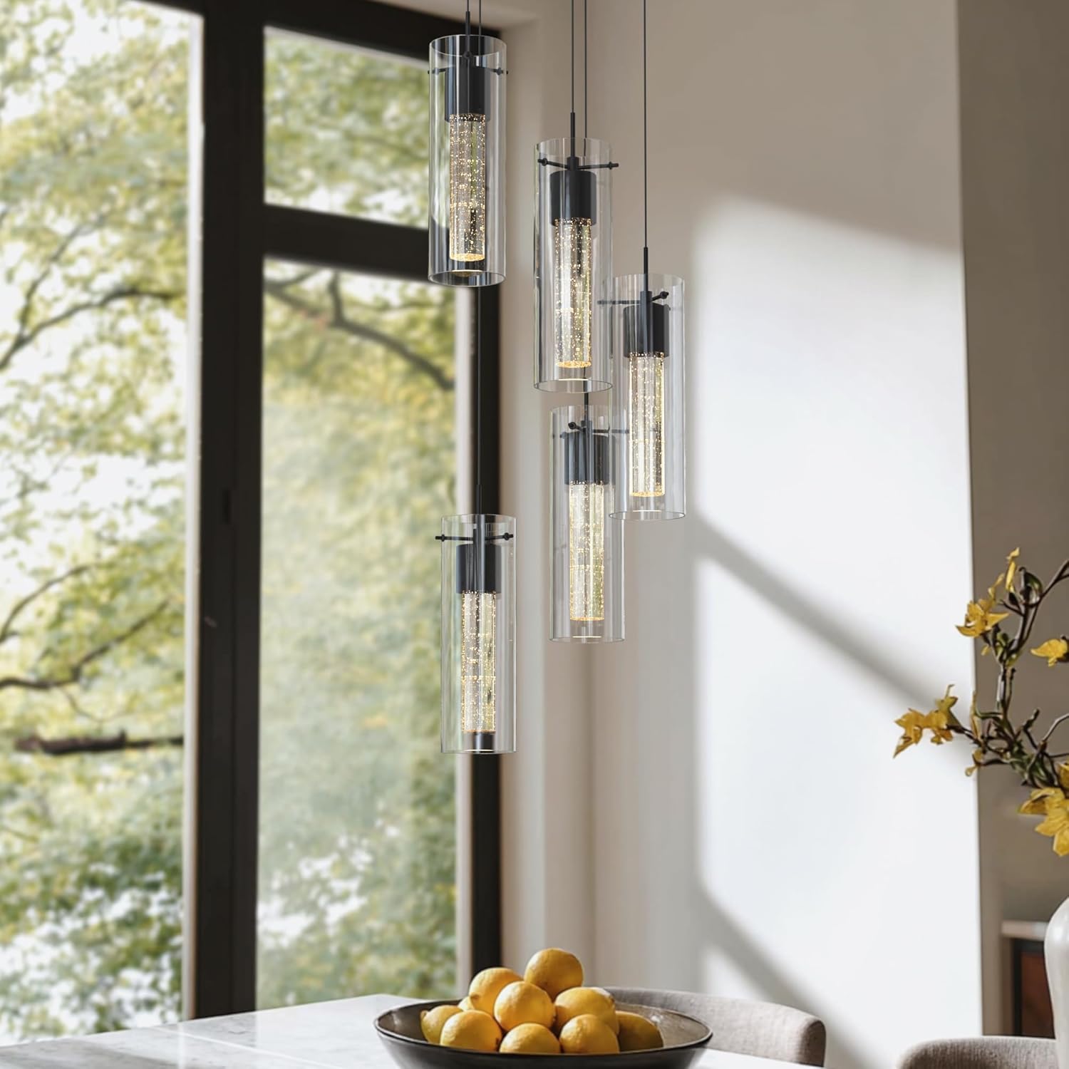 Alice 5-Light Chandelier Pendant Ceiling Light, Integrated Led and Bubble Glass, for Kitchen Island, Hallway, Entryway, Passway, Dining Room, Bedroom, Balcony Living Room (Black)