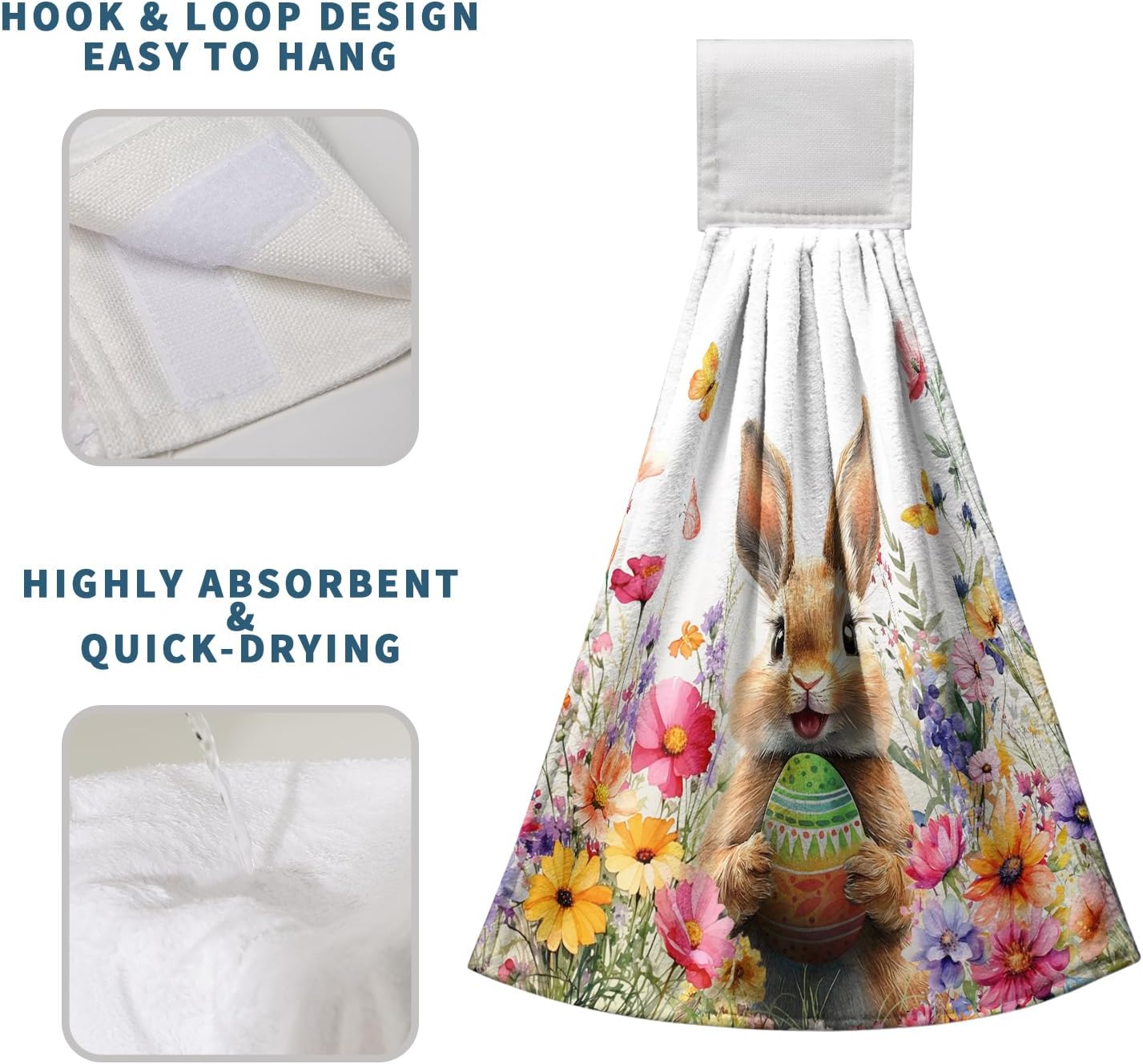 Spring Easter Hanging Kitchen Towels Easter Bunny Rabbit Eggs Flowers Hand Towel with Hanging Loop Watercolor Floral Rabbits Dish Tie Towels Super Absorbent Soft Fast Drying Bath Towel for Bathroom - Image 5