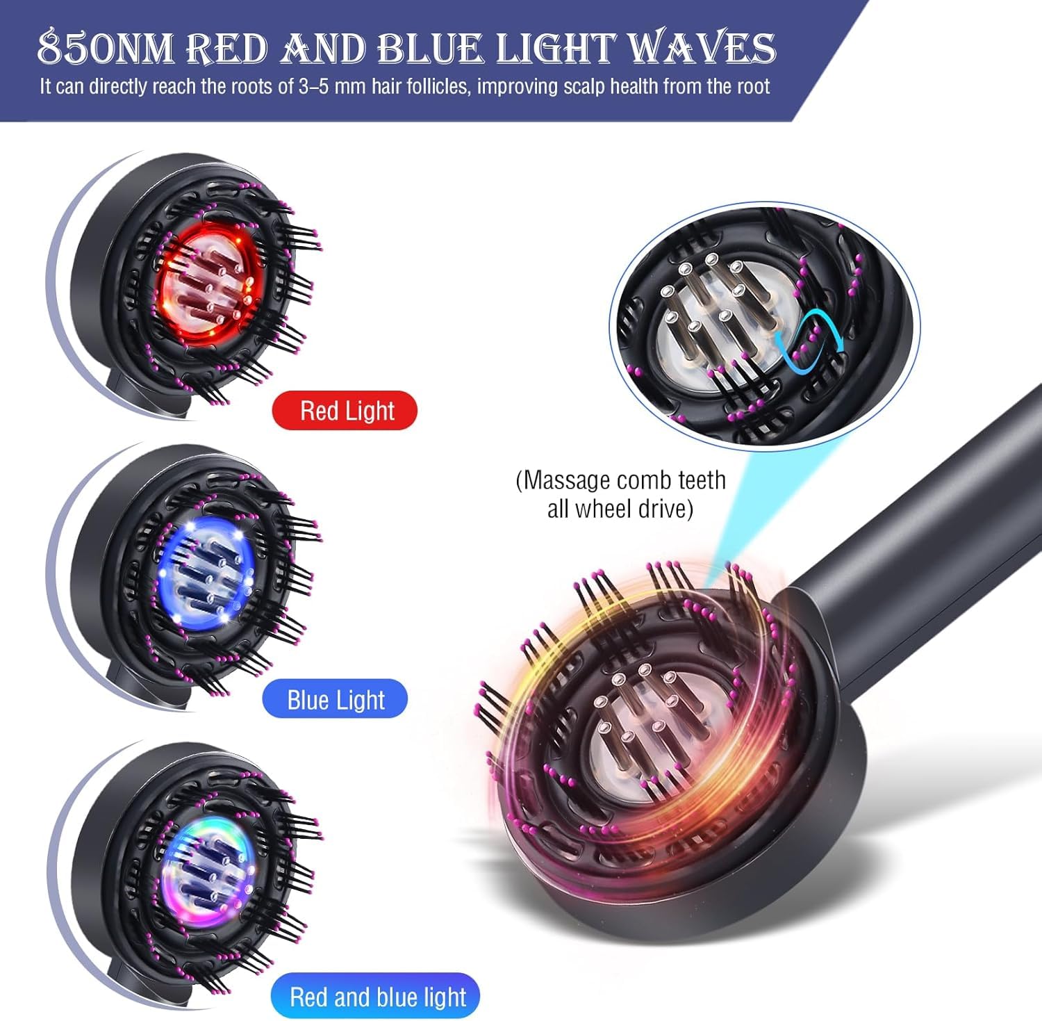 Brosse de massage 2 en 1 pour cuir chevelu et huile capillaire - Brosse électrique pour cuir chevelu - Avec lumière rouge et bleue - Pour la relaxation du cuir chevelu et de la tête