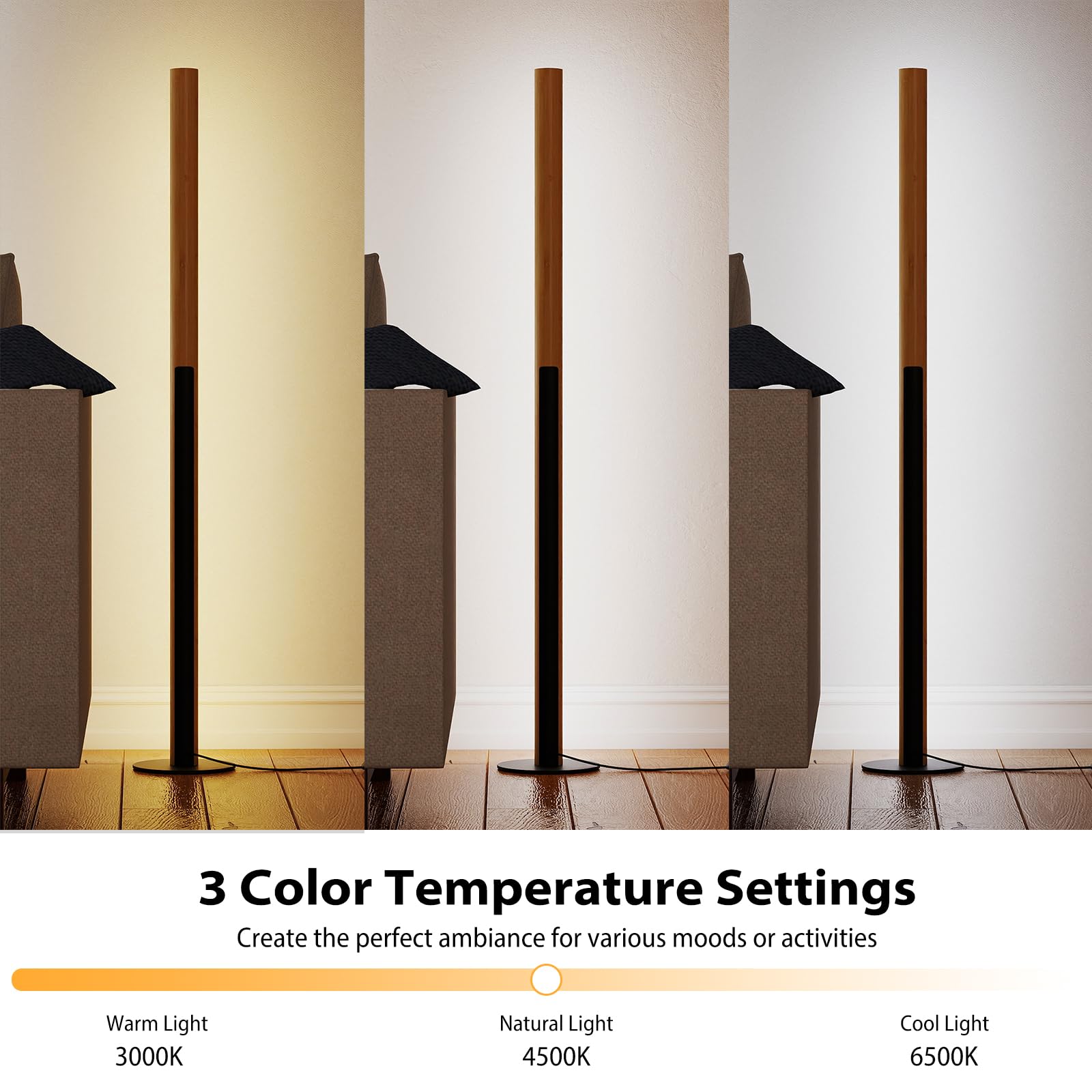 HOMASIS Lampada da Terra Alta 122 cm con 3 Colori e Luminosità Regolabile, Piantana LED in Bambù, Lampada da Lettura Dimmerabile con Interruttore a Pedale per Soggiorno, Camera da Letto e Ufficio
