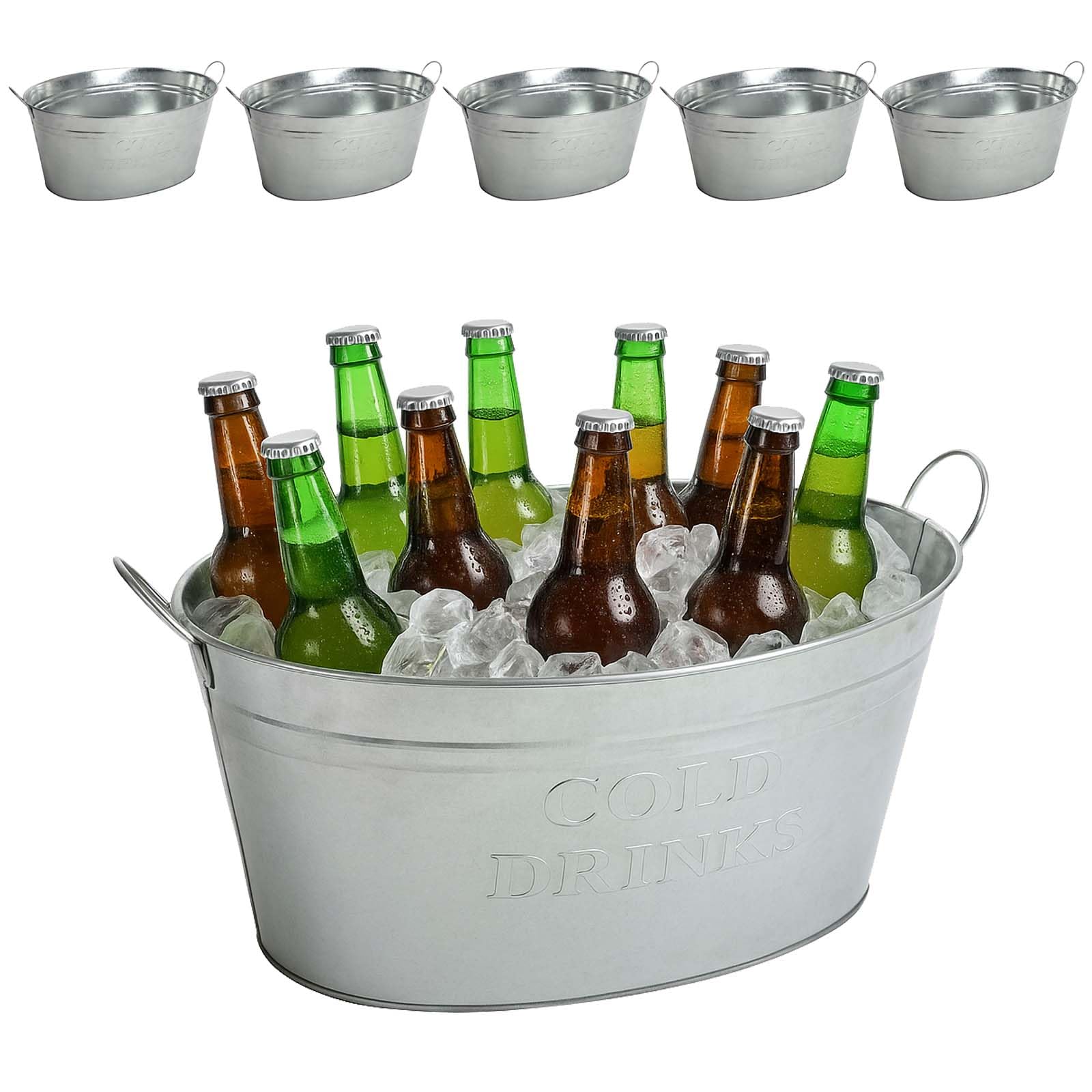 BURI 6 recipientes para bebidas con asa, 24 litros, de zinc, resistentes al agua, enfriador de bebidas y champán, cubo de hielo, para fiestas en el jardín con texto impreso