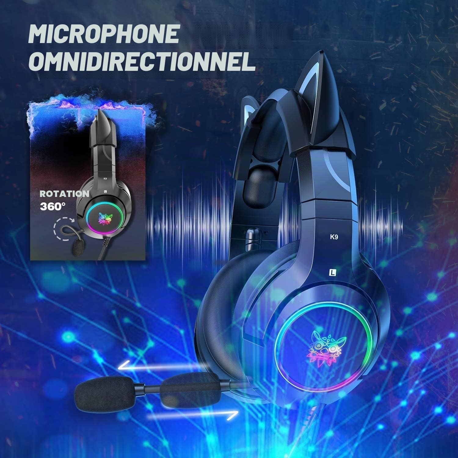 PHNIXGAM Casque de jeu pour PS4, PS5, Xbox One X/S (sans adaptateur), casque 3,5 mm avec oreilles de chat amovibles, microphone antibruit, RVB, son surround pour PC, téléphone portable (noir)