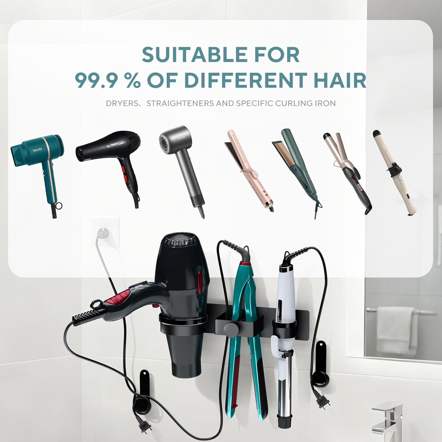 Hair Dryer Holder Wall Mounted, Hair Straightener Holder with Plug&Cord Organizer, Metal Hair Tool Organizer, Curling Iron Holder for Bathroom Salon