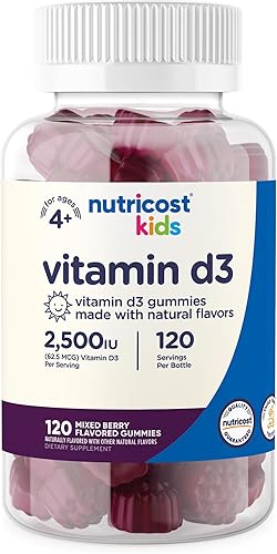 Nutricost Gomitas de vitamina D3 para niños, 2,500 UI (62.5 mcg), 120 gomitas - Sabor a bayas mixtas
