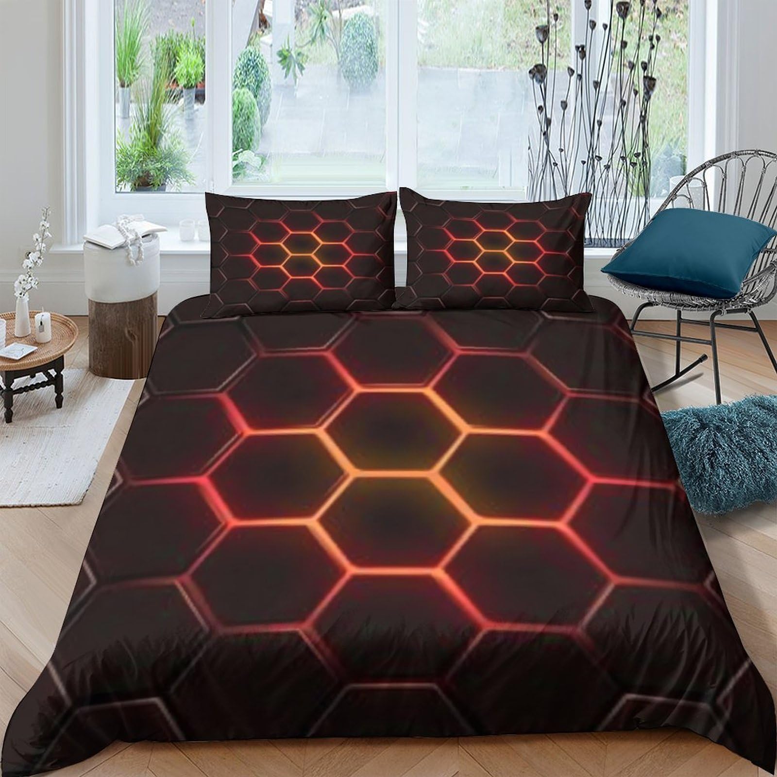 Ctjqhvkz Style-6 3D Printed Hexagonal Grid Fitted Sheet Microfiber Black Orange Geometric Mattress Cover For Bedroom Dorm Decor Single（135X200cm）