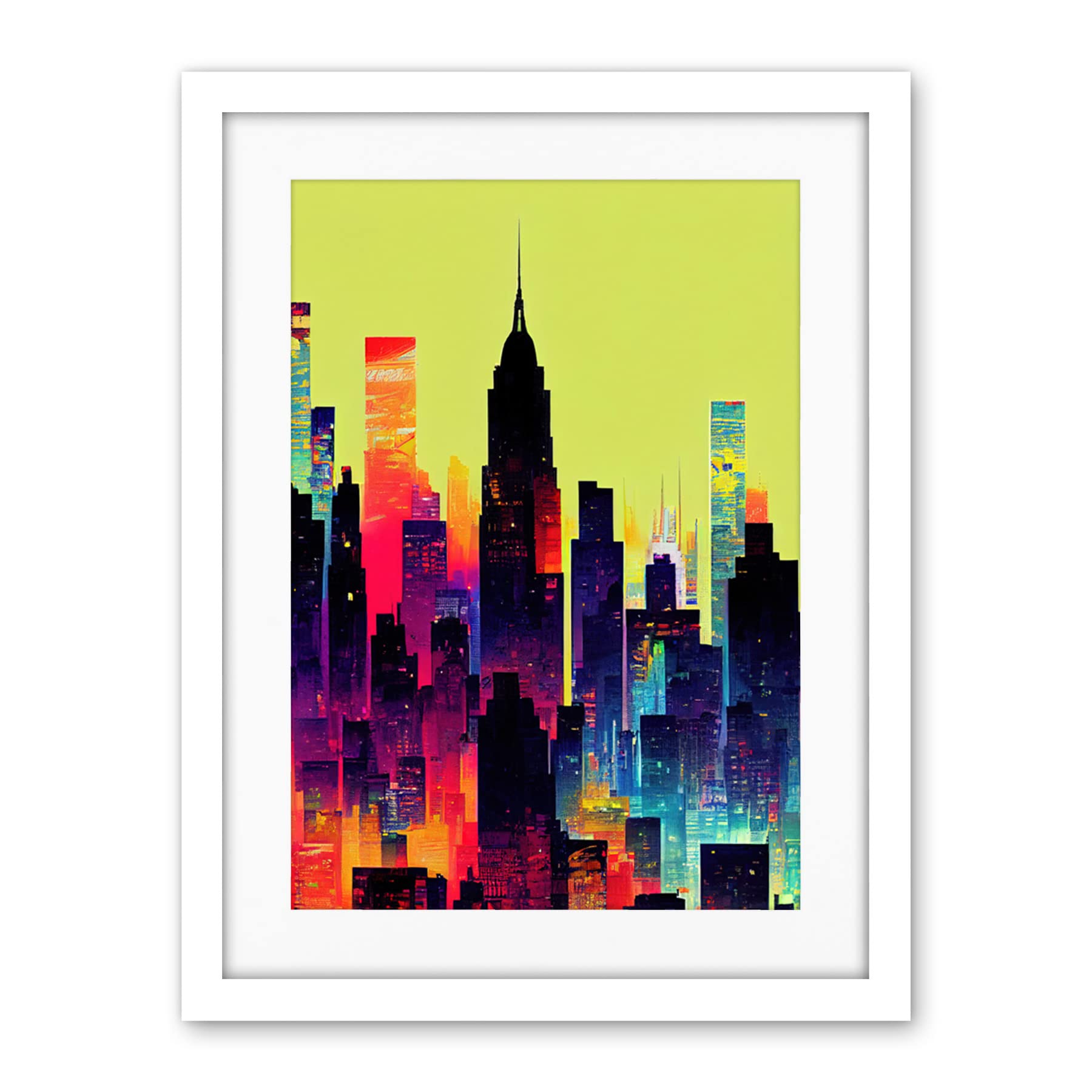 Wee Blue Coo New York Vibrant Multi Coloured Graphic Design Skyscraper Cityscape Silhouette Artwork Framed Wall Art Print 18X24 Inch