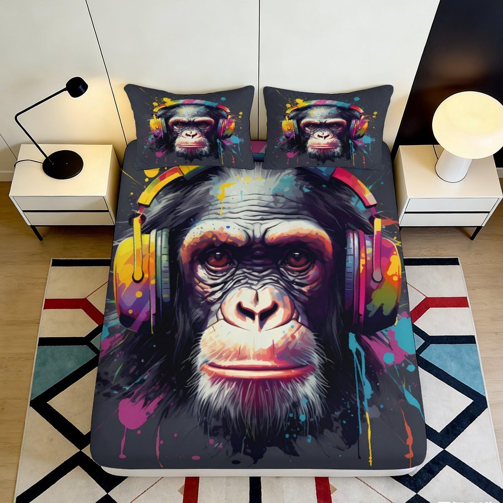 3D Printed Graffiti Monkey Fitted Sheet Microfiber Deep Pocket Non-Slip Graffiti Monkey Mattress Fitted Cover Bedroom Bedding Washable 140x200x25cm