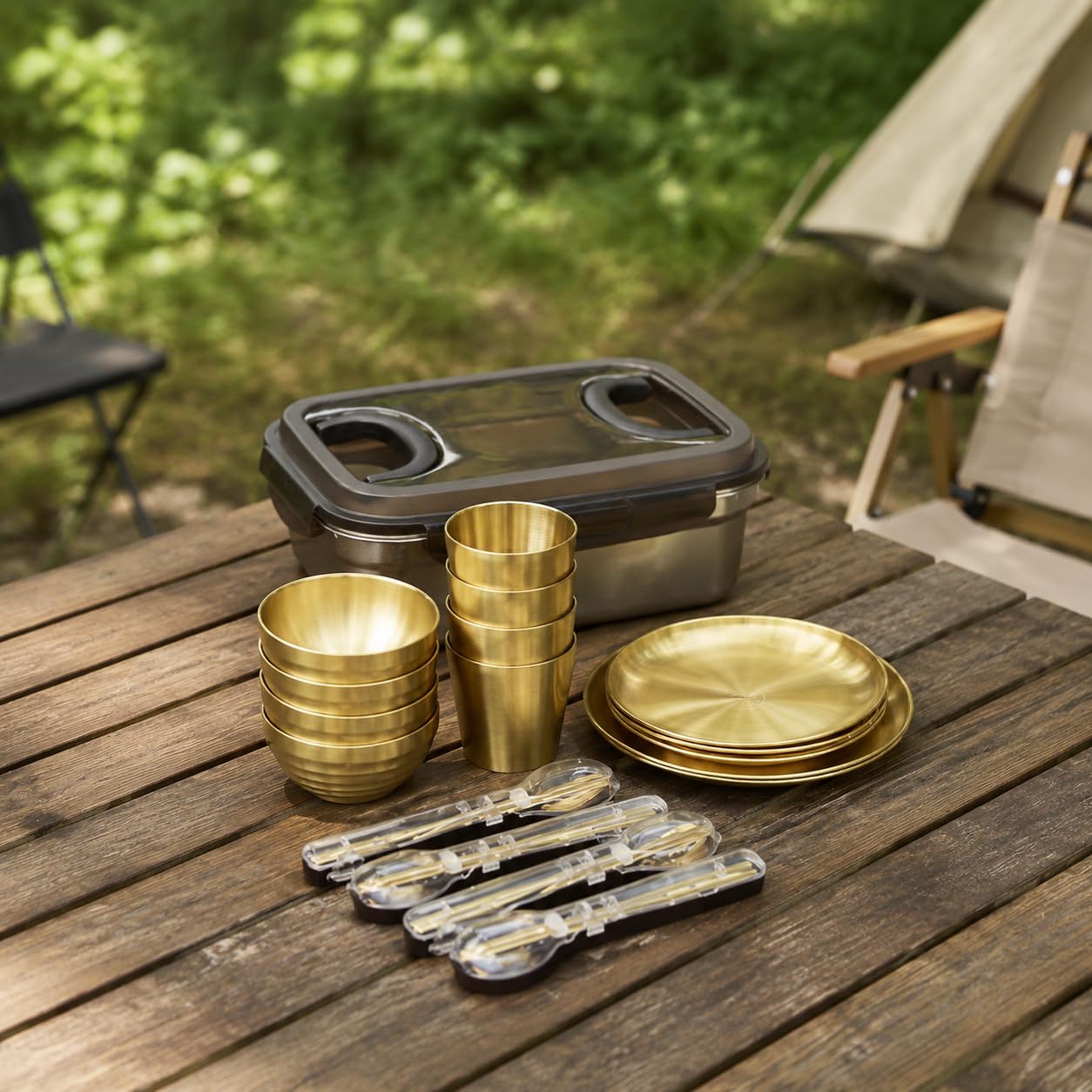 Gold Göffel Edelstahl, Reise Göffel für Camping, Kompakt Camping Set, Outdoor mit Tasche, 4-Personen-Set, Gold