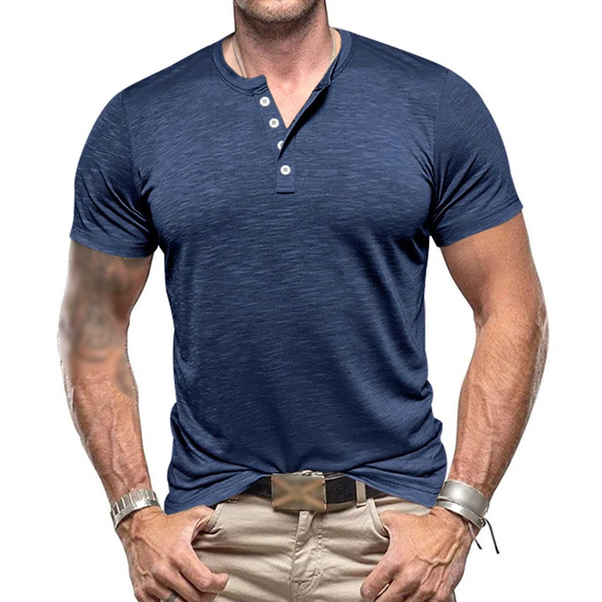 Men Quarter Button Casual Polo Shirt Solid Short Sleeve Round Neck Daily T-Shirt Summer Henry Exercise Pullover Top (Dark Blue,Small)