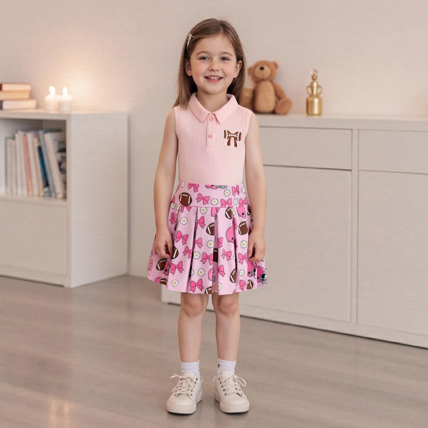 GOOCHEER Toddler Girl Outfit Football Embroidery Sleeveless T-Shirt Tank Top and A-Line Pleated Skirt Game Day Clothes Set - Image 2