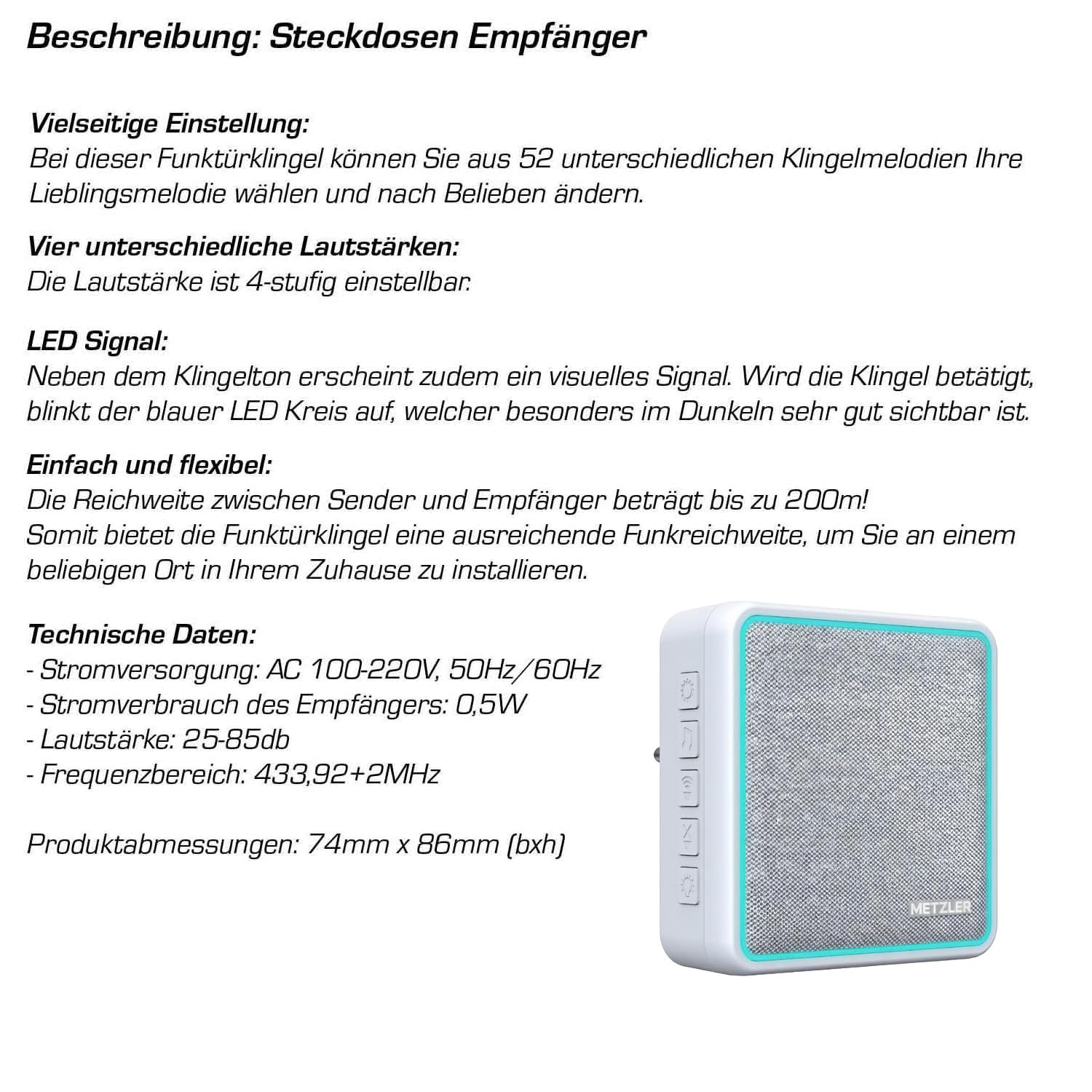 Metzler Kabellose Funkklingel - hohe Reichweite - Edelstahl Design Türklingel inkl. Empfänger, wasserfest - 1 Empfänger (Steckdose)