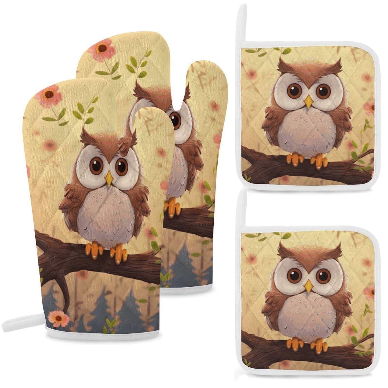 Cute Owl Oven Mitts and Pot Holders Sets Heat Resistant Oven Glove with Hanging Loop for Baking Cooking BBQ Thicken Potholders for Kitchen
