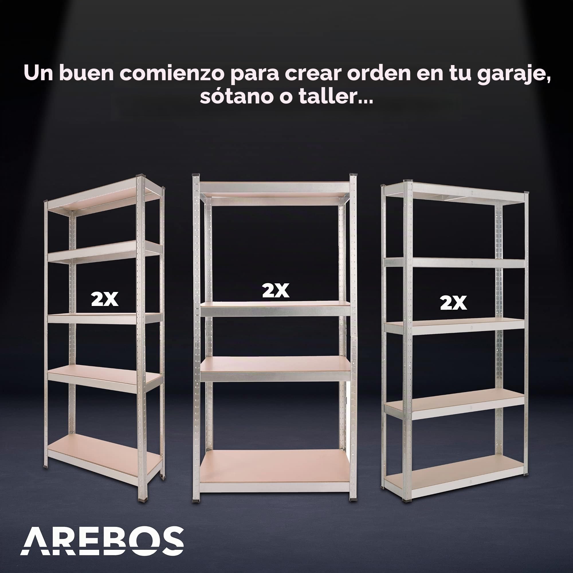 Arebos Estantería Carga Pesada Set 2 uds | 180x90x30 cm | 5 Estantes | Sistema sin Tornillos | Estantería de Taller, Almacén o Bodega | Montaje Fácil | Plata