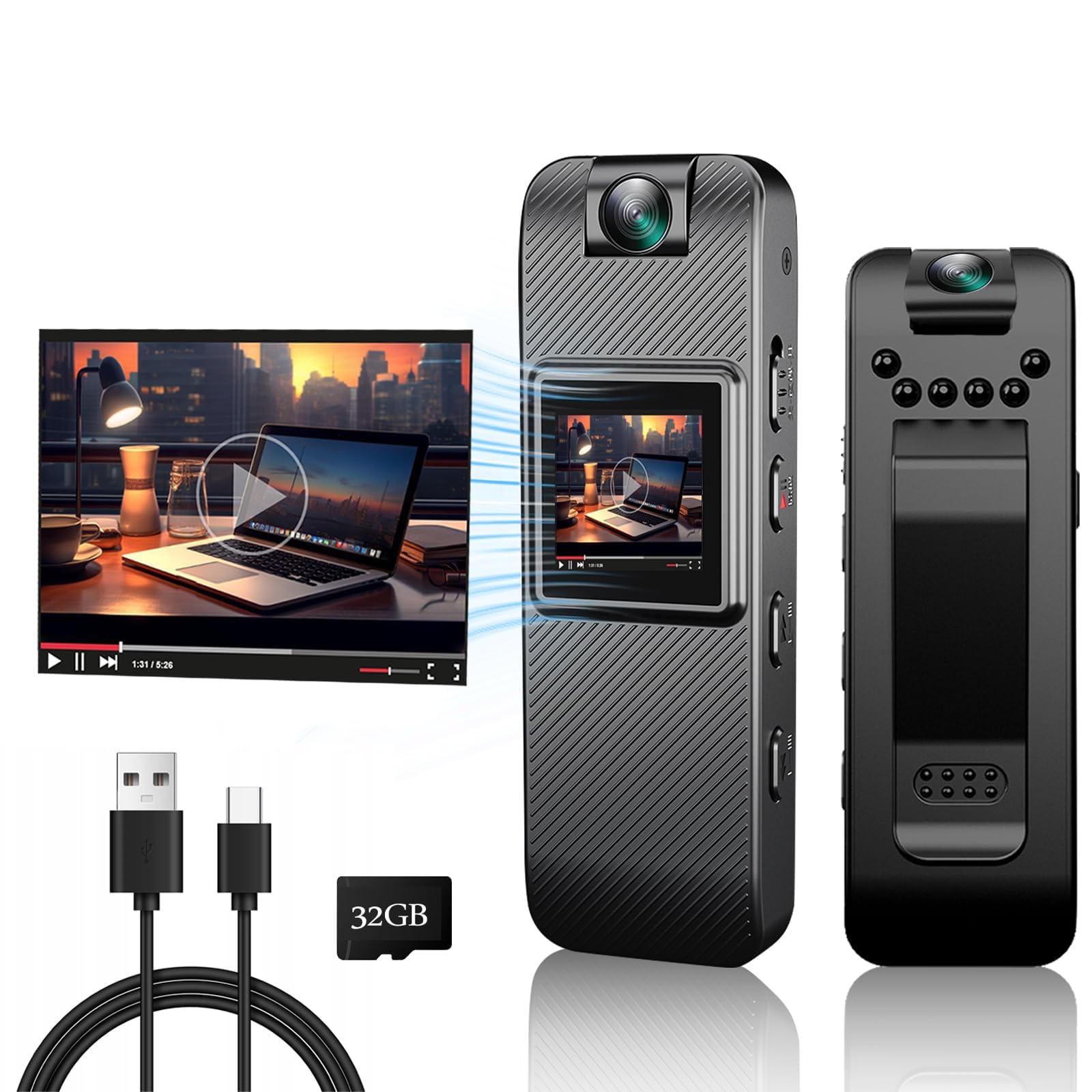 mini body camera hd 1080p wearable video recorder, small security camera with 32gb sd card night vision 1.3 inch display 180° rotatable lens, portable body cam for law enforcement/sports/delivery
