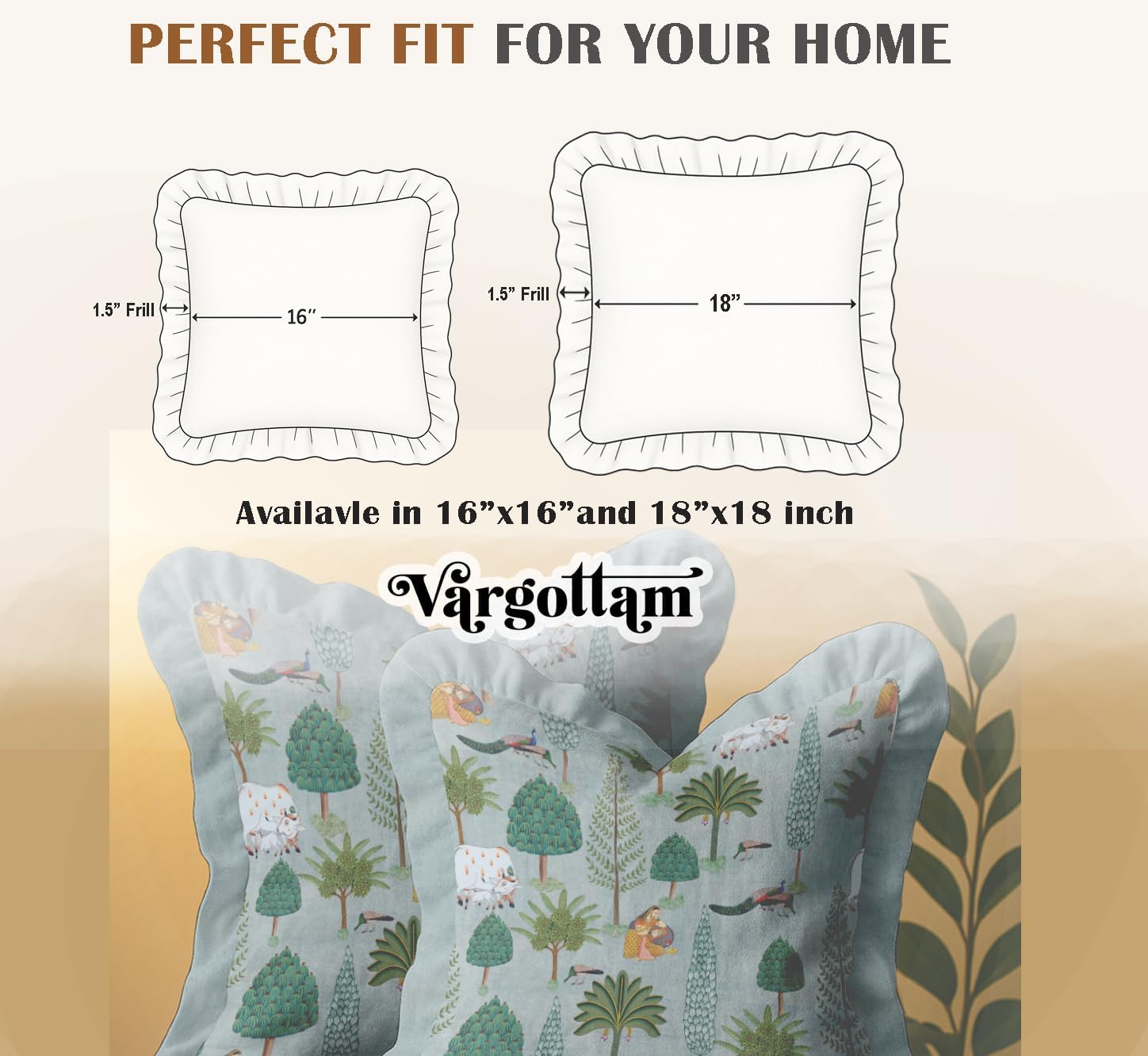 Tree Print, Decorative Cushion Covers 16x16-100% Cotton Twill Set of 2 with Ruffle Edges, Farmhouse Print, Concealed Zipper Closure, No Fillers