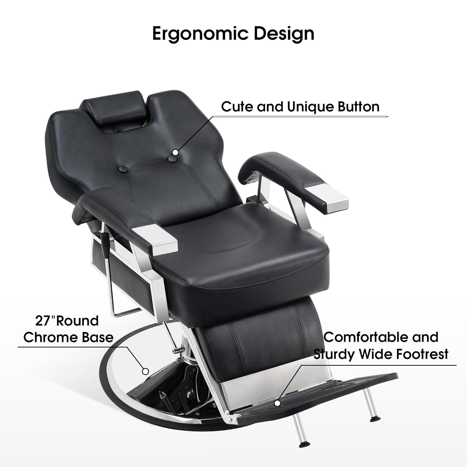 Ergonomic design of the chair showing chrome base and footrest