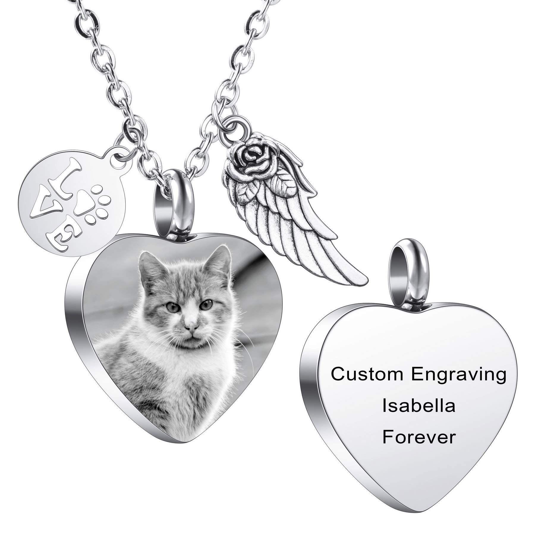 MeMeDIY Personalizado Corazón Huella de la Pata Cenizas Urna Colgante Collar Costumbre Nombre/Foto/Fecha para Mujer Hombre Mascota Amante Acero inoxidable Memorial Perro Gato Mascota Recuerdo