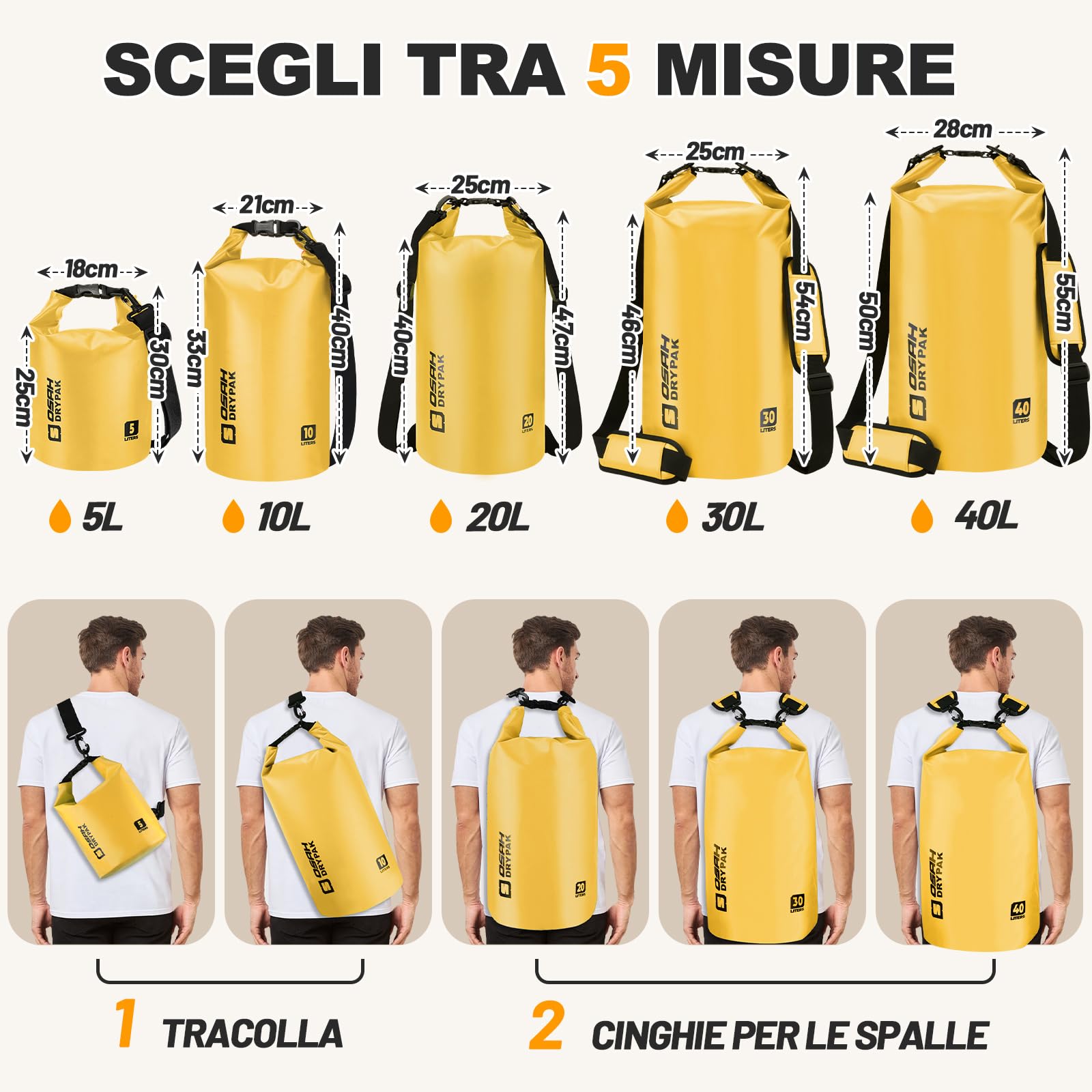 OSAH DRYPAK Dry Bag Borsa Impermeabile Mare 5L/10L/20L/30L/40L Sacca Impermeabile con Spallacci e Custodia Impermeabile per Telefono per Sport Acquatici, Kayak, Pesca, Campeggio